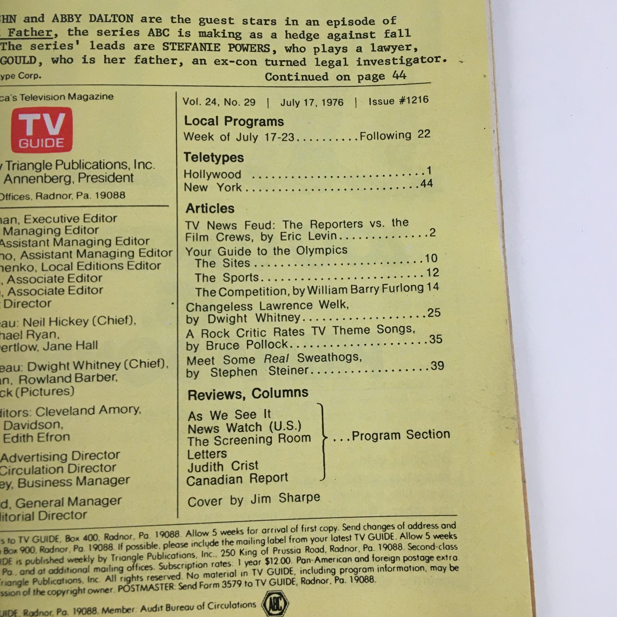 Back cover of TV Guide Magazine dated July 17, 1976, documenting articles and local program listings alongside advertisements, emphasizing its historical significance.