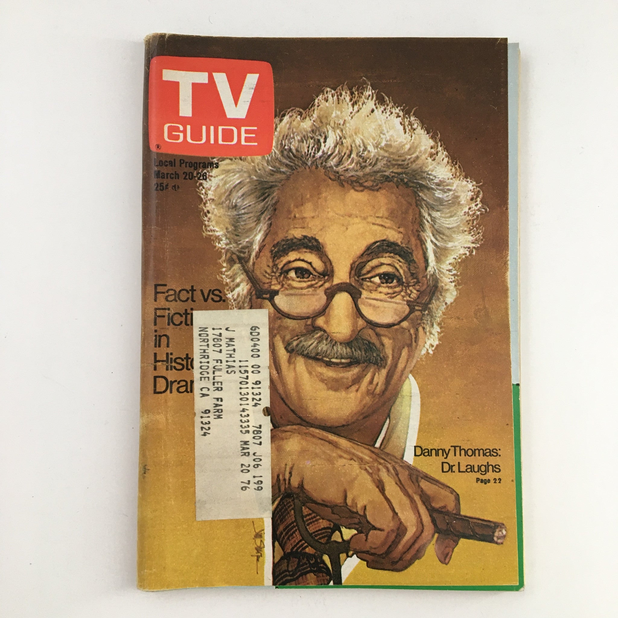 Cover of TV Guide Magazine March 20 1976 featuring Danny Thomas as Doctor Laugh, showcasing vintage design and relevant address label.