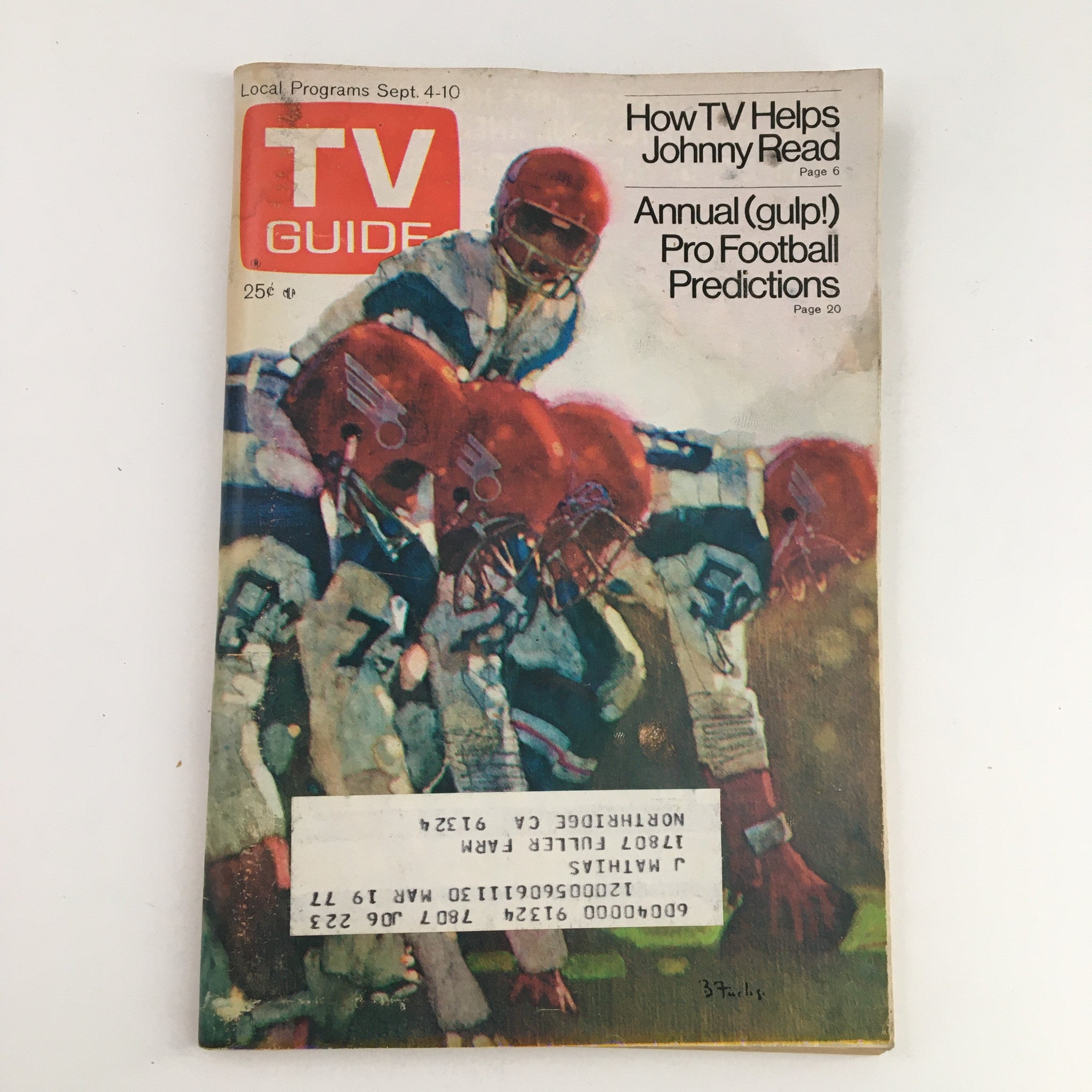 Cover of TV Guide Magazine September 4, 1976, featuring a pro football theme, depicting players, with the headline 'Annual (gulp!) Pro Football Predictions'. This L.A. Edition is an important collectible for sports enthusiasts.