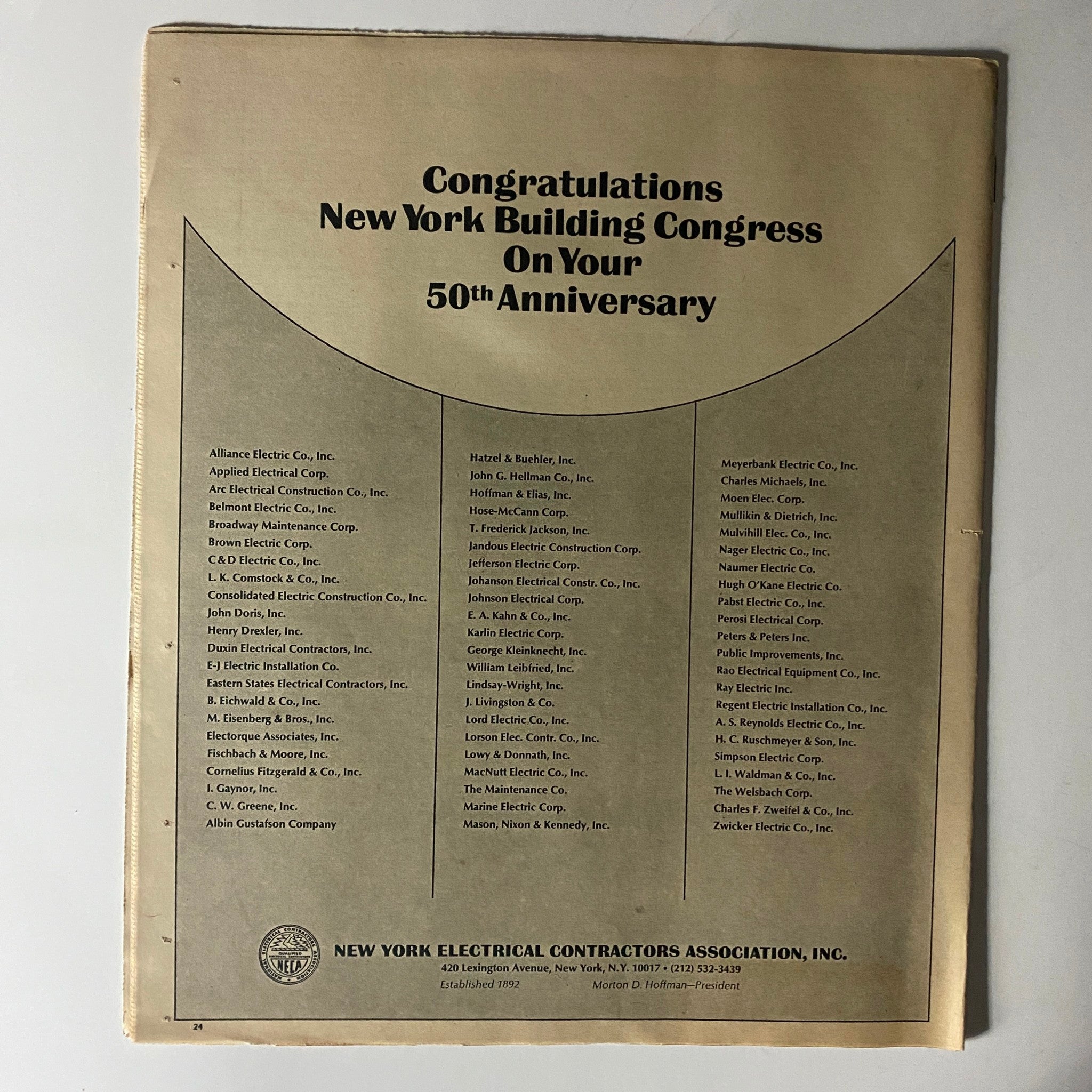 Back cover of The New York Times Magazine from March 28, 1971, with a congratulatory advertisement for the New York Building Congress on its 50th anniversary, listing numerous electrical contracting companies.