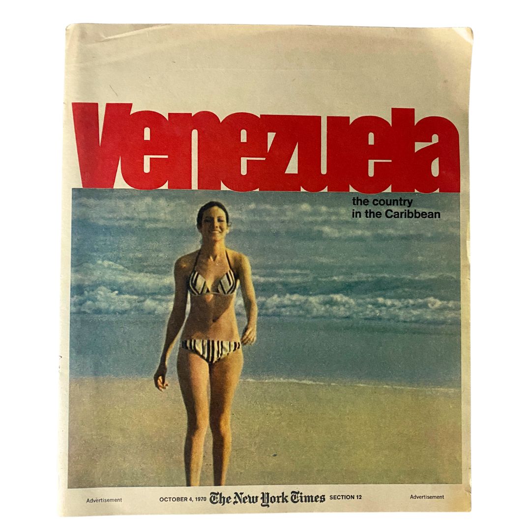 The New York Times Magazine from October 4, 1970, featuring a woman in a striped bikini walking along the beach, highlighting the theme 'The Country in Caribbean' on the cover.