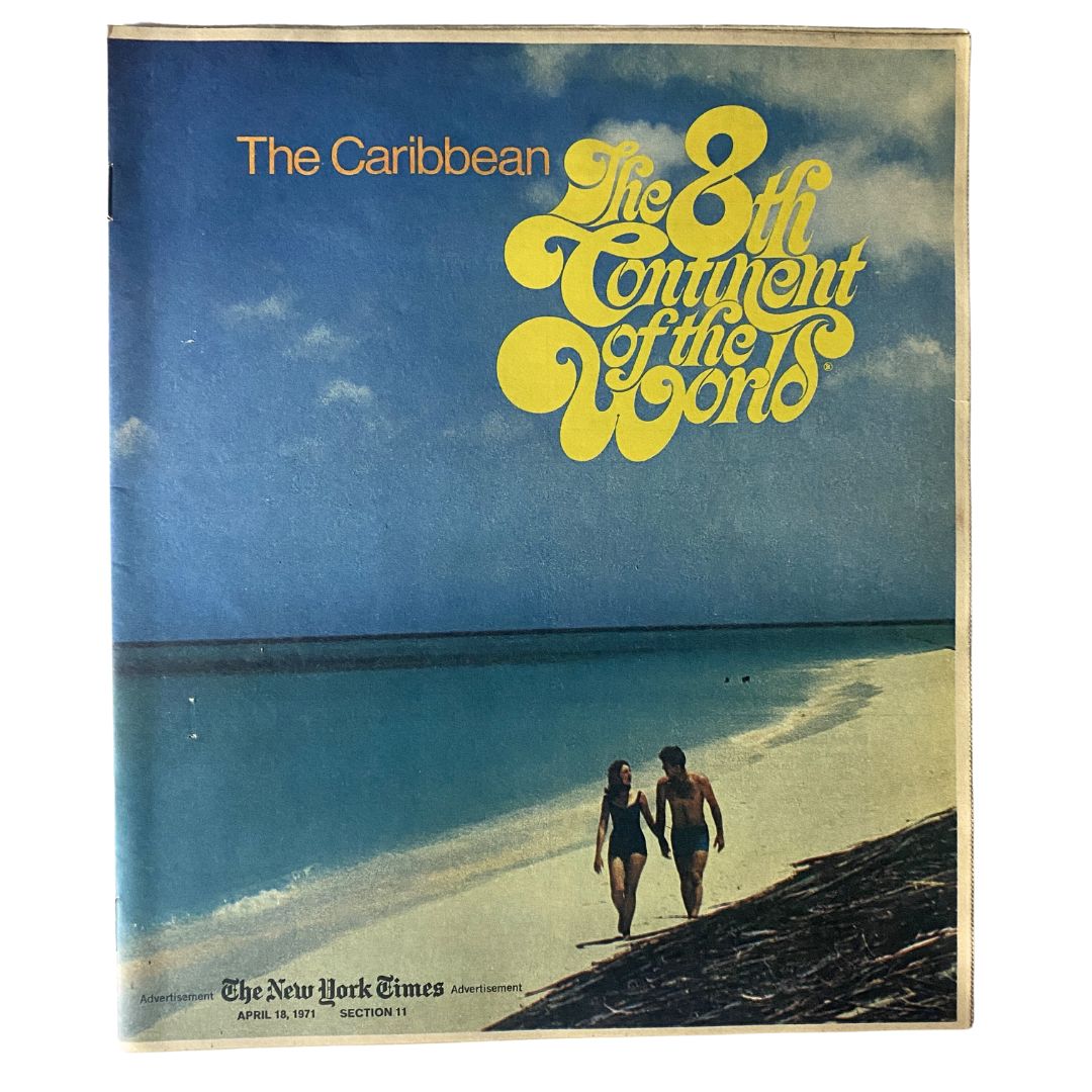 The New York Times Magazine April 18 1971 The Caribbean cover featuring a scenic beach with two people walking along the shore, title reads 'The 8th Continent of the World'.