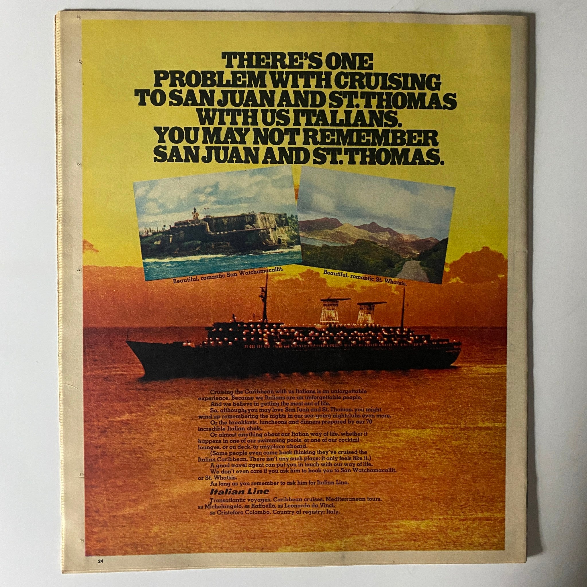 The New York Times Magazine April 18 1971 The Caribbean back cover showcasing an advertisement for cruising to San Juan and St. Thomas, featuring a large ship and picturesque islands.