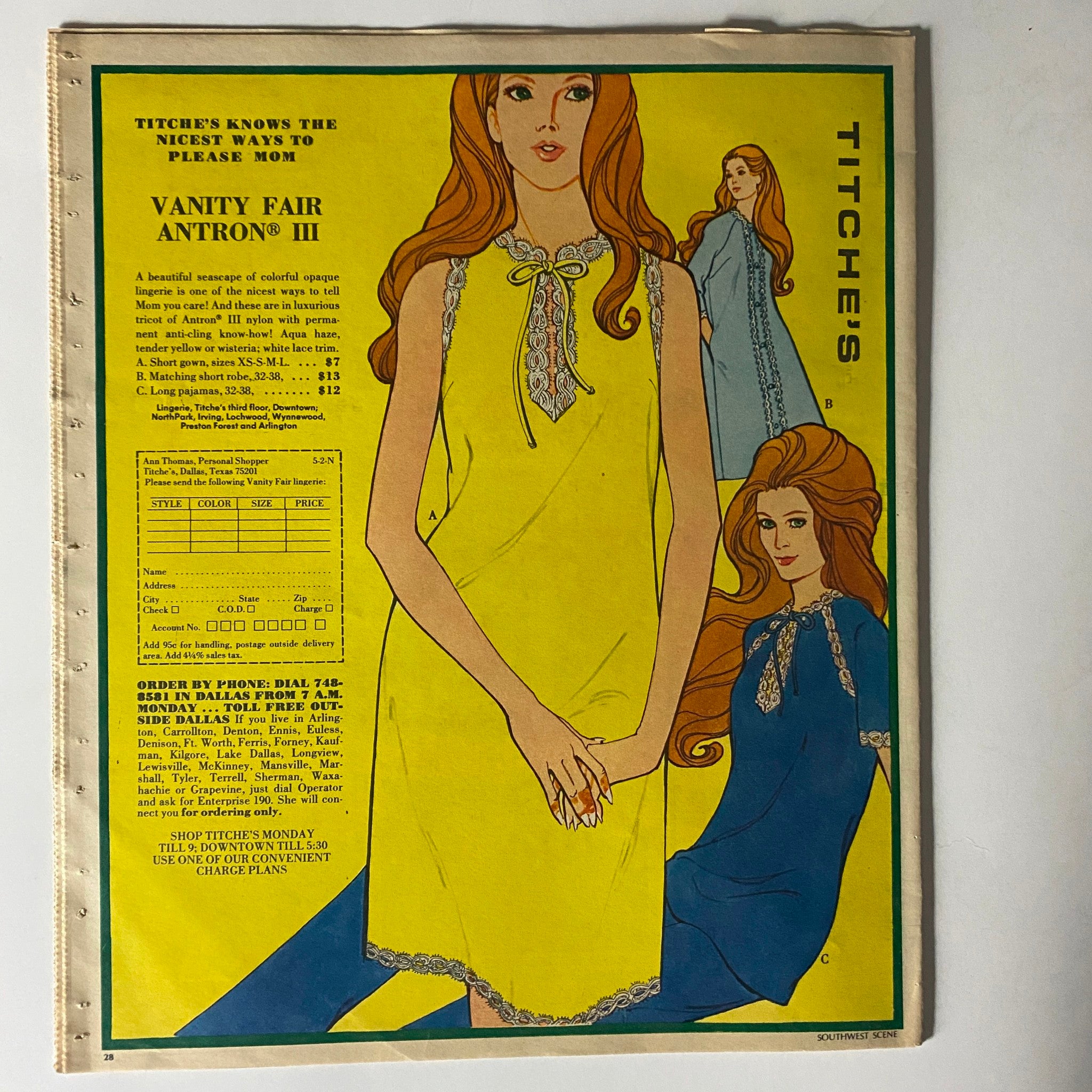Vintage advertisement from The Dallas Morning News Magazine May 2 1971 showcasing colorful women's loungewear by Titche's, featuring models in vibrant clothing designs and detailing prices for ordering.