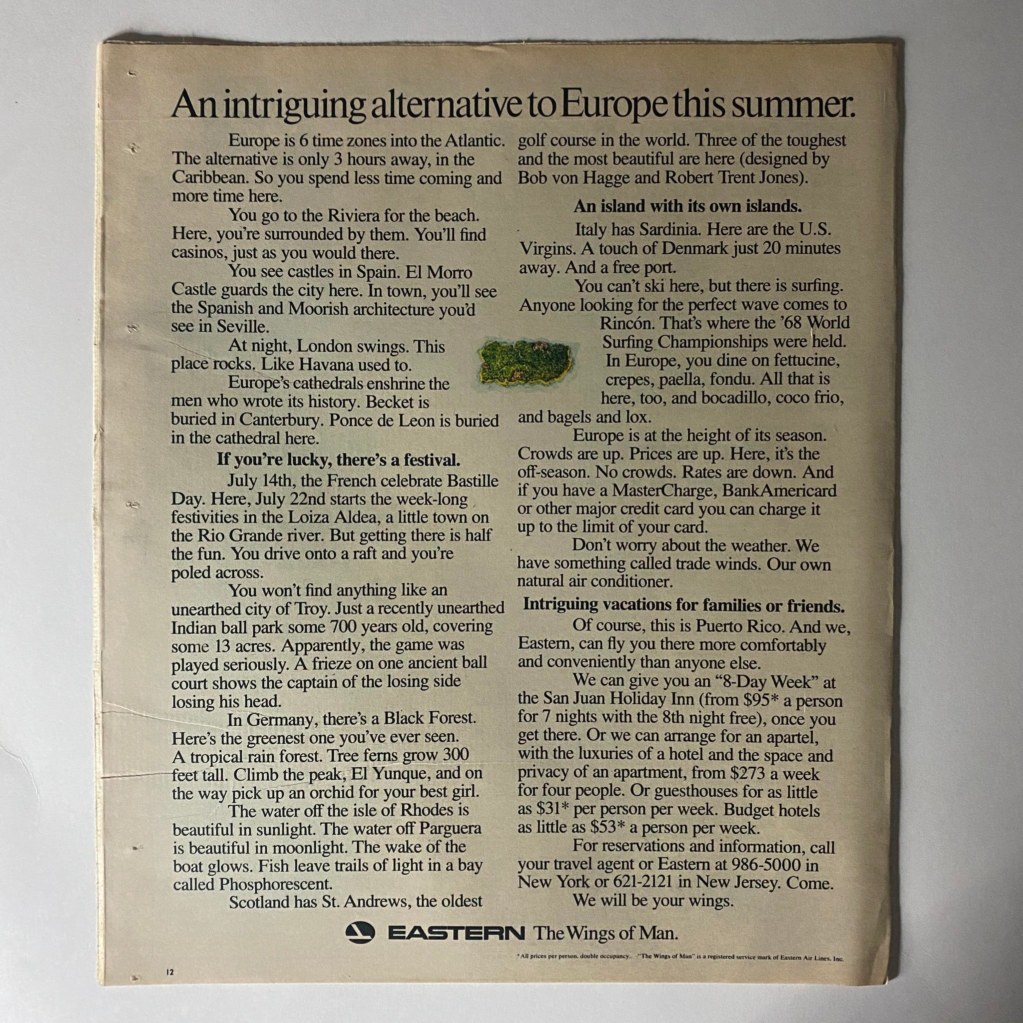 The New York Times Magazine May 16 1971 interior page showcasing an advertisement for vacation alternatives in Europe and highlighting Puerto Rico as a travel destination.