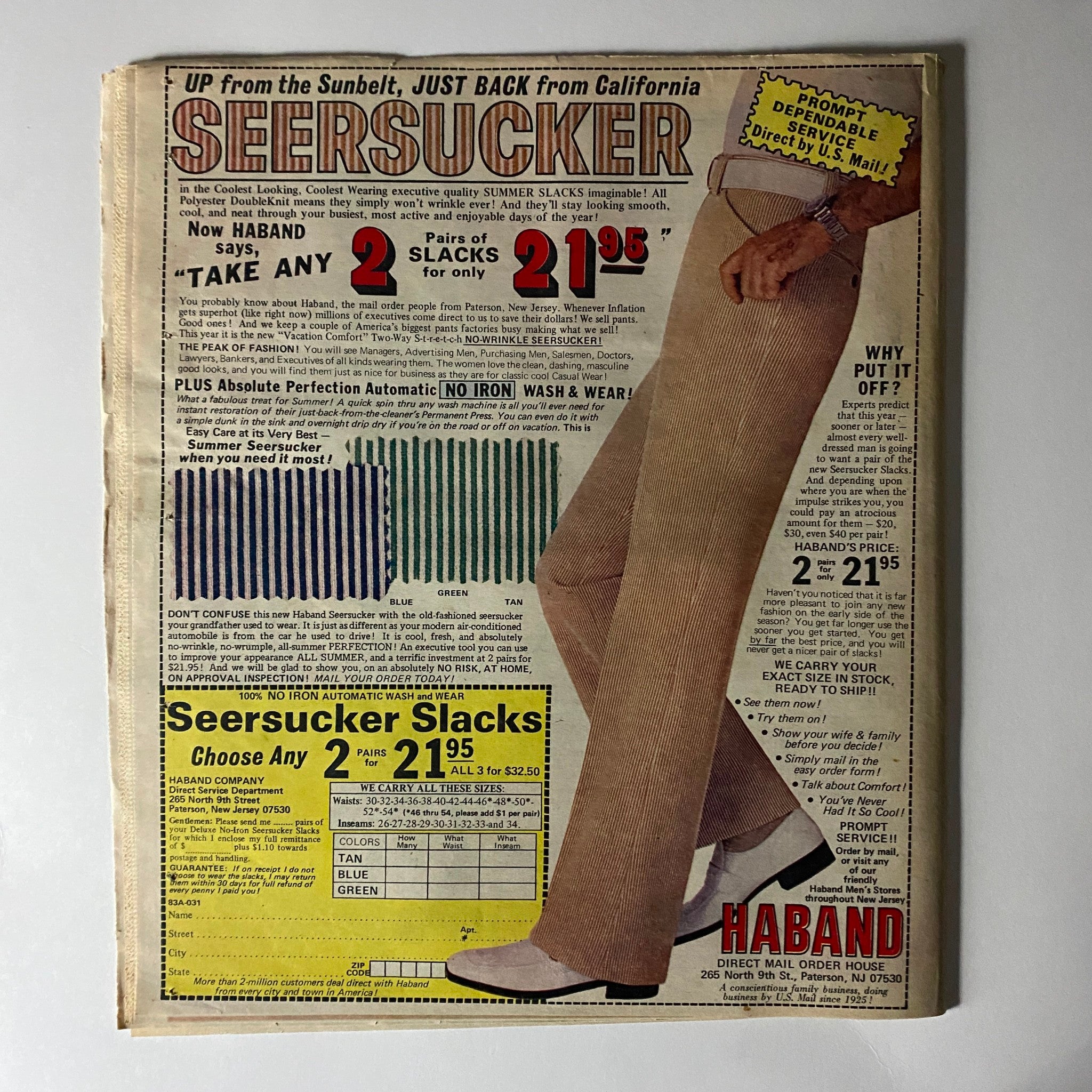 Advertisement for Haband's Seersucker slacks from a vintage magazine, featuring price details and styles available in 1979, showcasing nostalgic fashion.