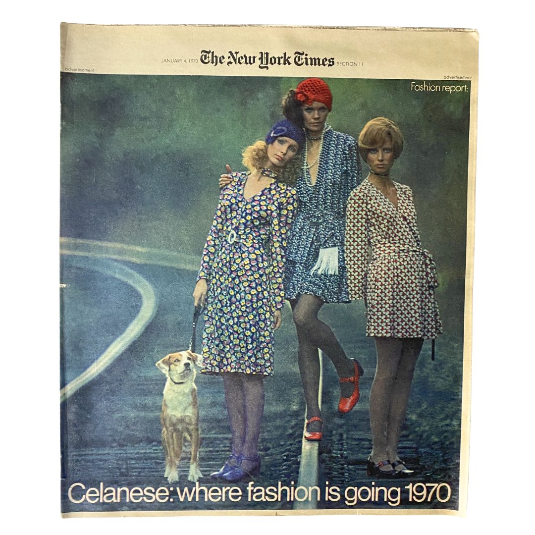 The New York Times Magazine January 4 1970 cover featuring models dressed in Celanese fashion, presenting vibrant floral prints and styles of 1970.