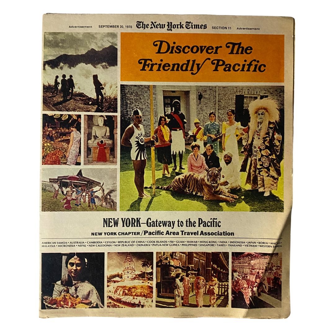 Cover of The New York Times Magazine from September 20, 1970, featuring an advertisement for Discover the Friendly Pacific, showcasing images related to Pacific destinations and cultures.