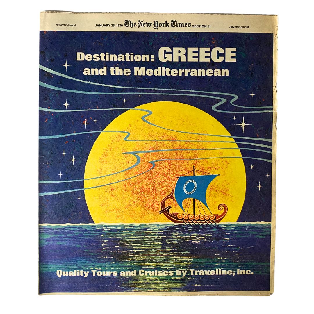 Cover of The New York Times Magazine January 25, 1970, featuring a vibrant illustration of a sailing ship against a full moon, reflecting on the sea, with the title 'Destination: Greece and the Mediterranean'.