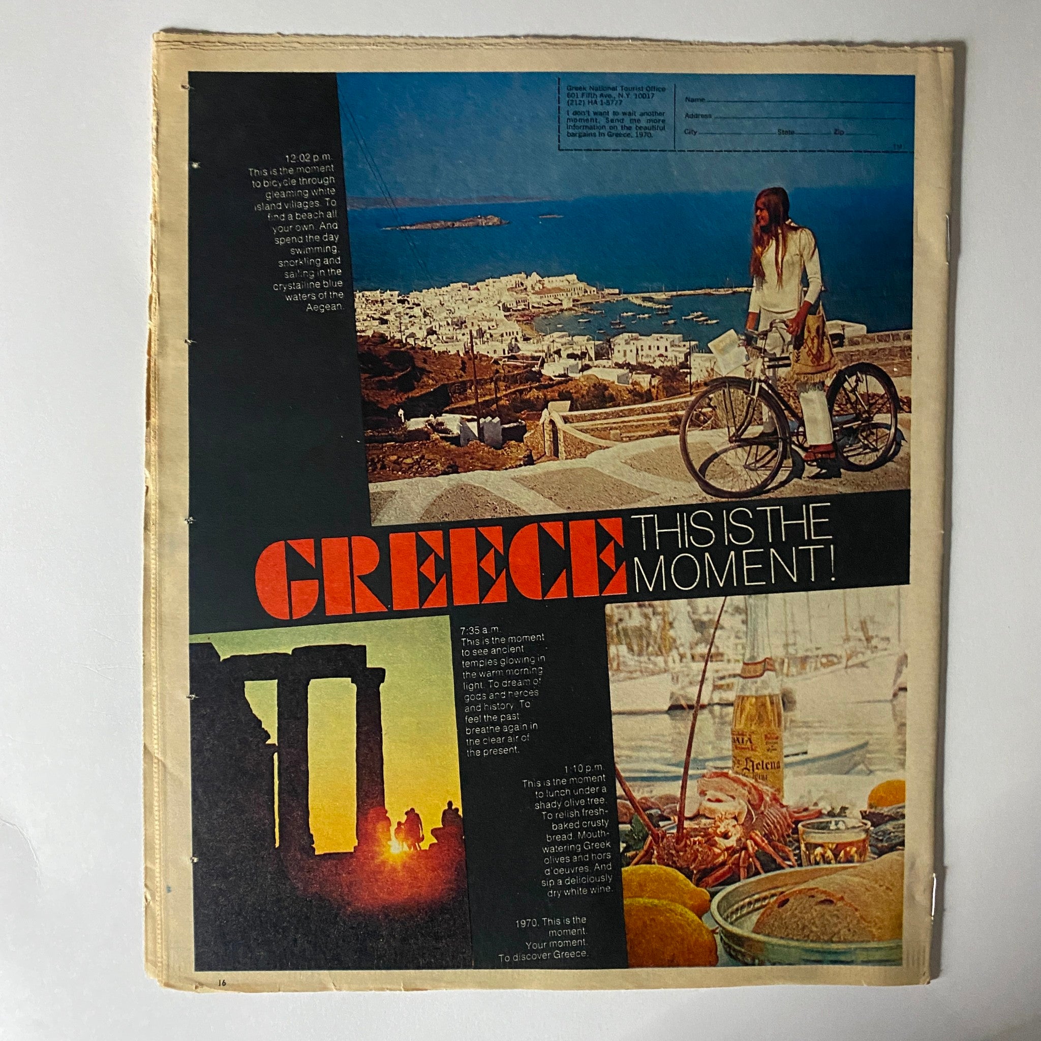 Back cover of The New York Times Magazine January 25, 1970, showcasing a collage of images capturing the essence of Greece, with bold text 'GREECE THIS IS THE MOMENT!' highlighting travel opportunities in the region.