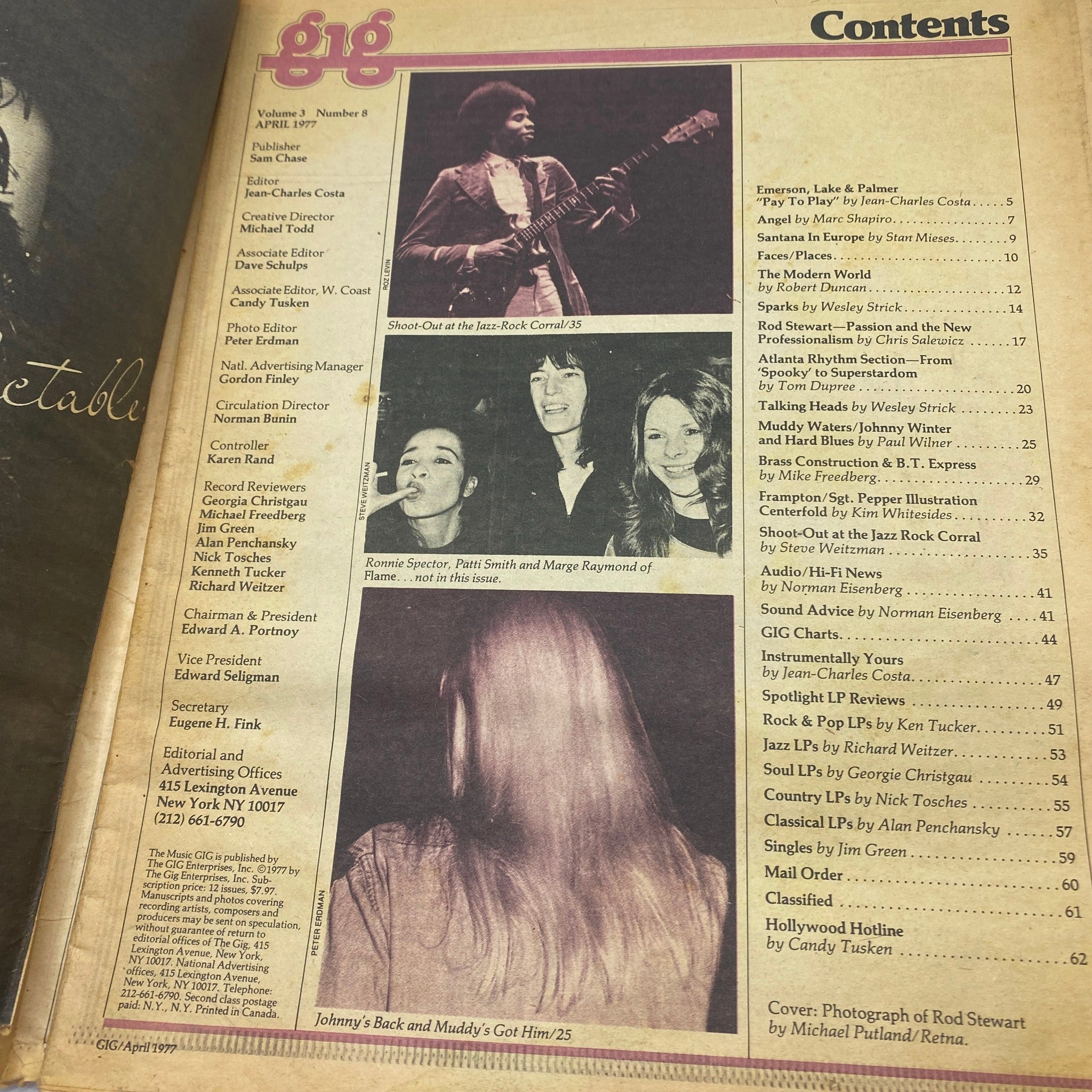 Contents page from VTG Gig The Music Magazine April 1977 listing contributors and featured articles, including Rod Stewart and other music-related topics.
