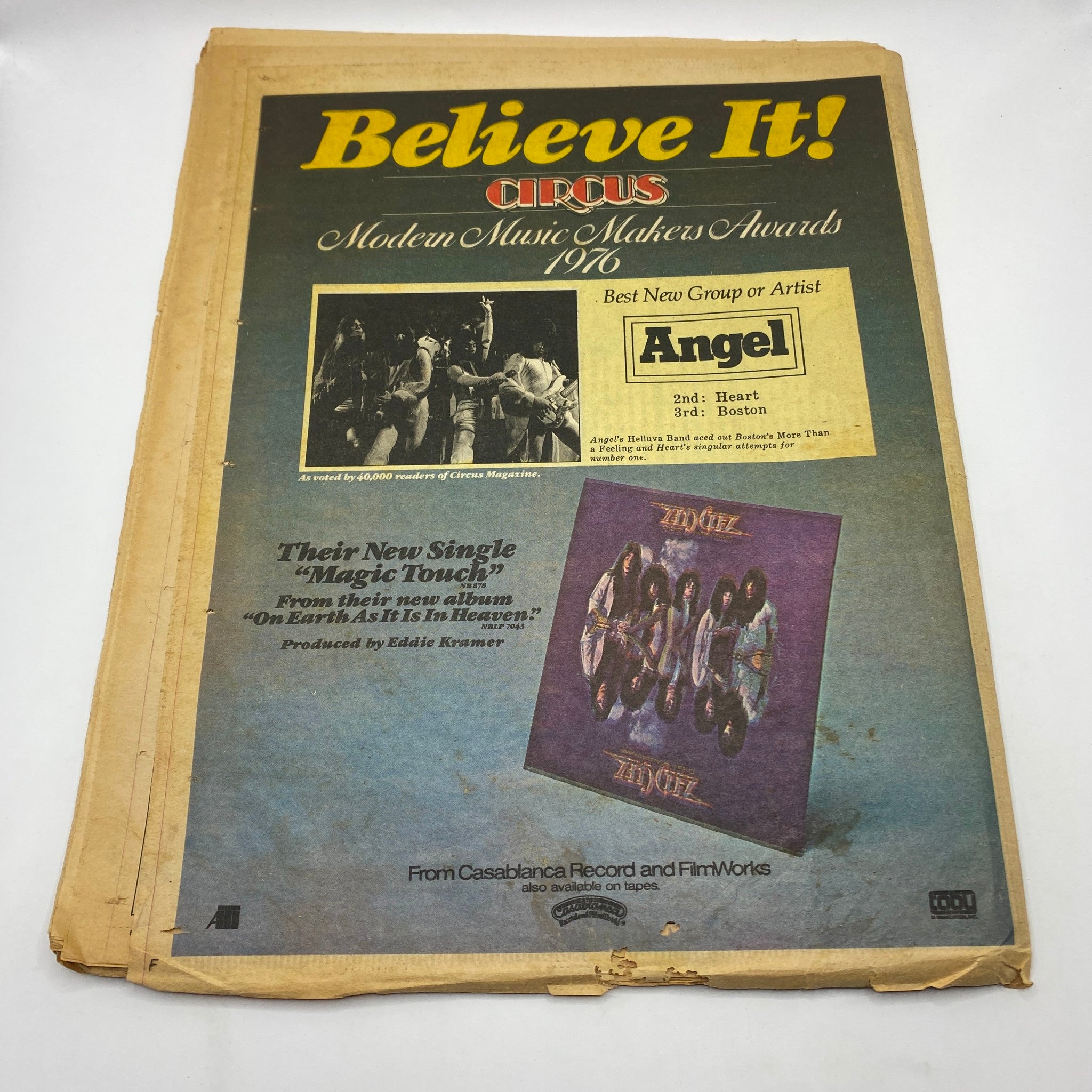 Back cover of VTG Gig The Music Magazine April 1977 showcasing a Circus magazine advertisement for Modern Music Makers Awards 1976 featuring the group Angel.