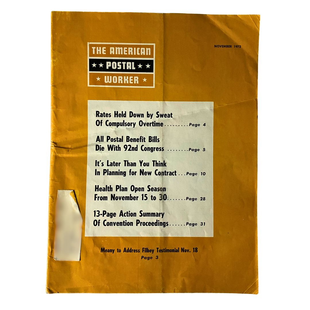 Cover of the VTG The American Postal Worker Magazine from November 1972 featuring headlines on postal issues, health plan open season information, and various articles including rates, benefits, and contracts.