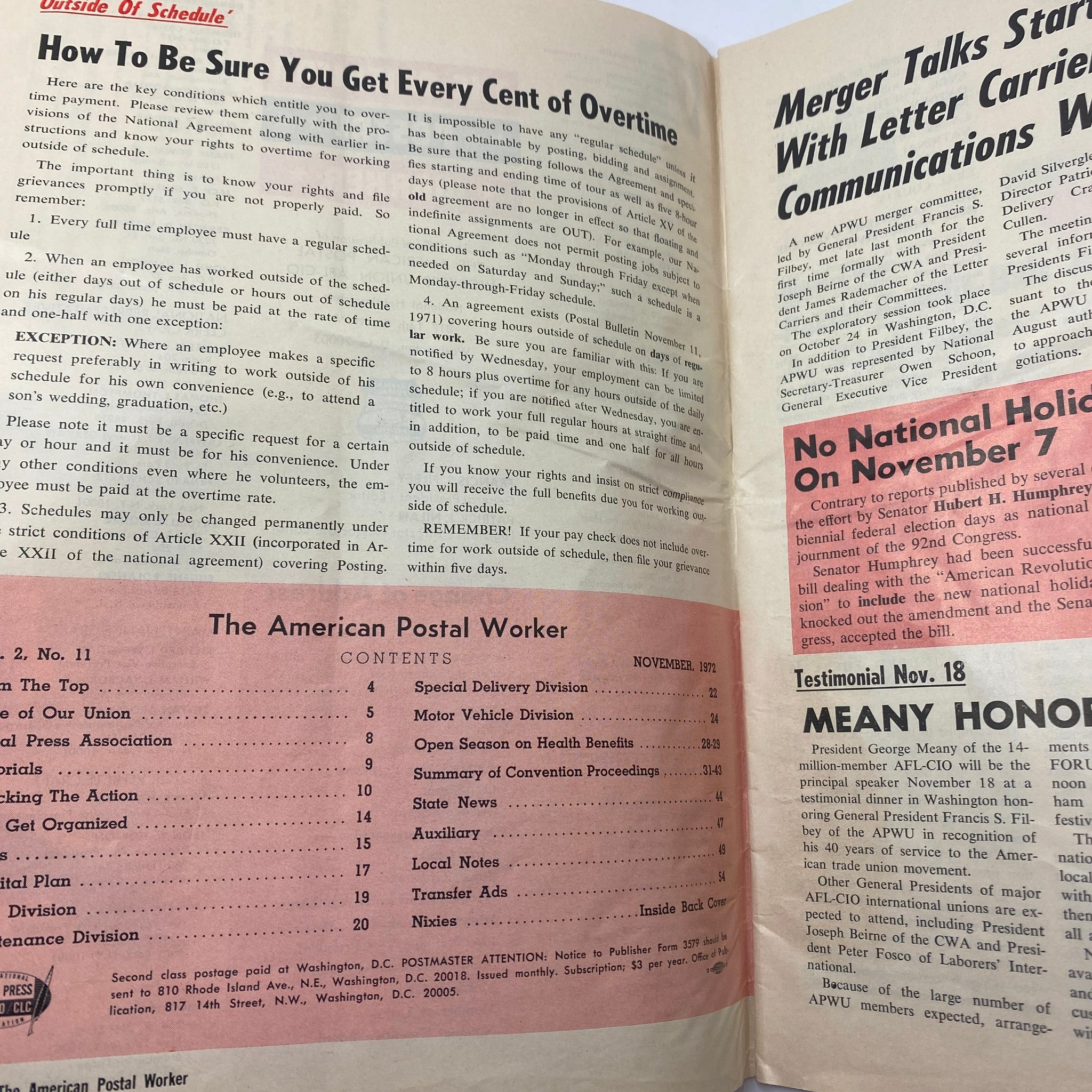 Inside pages of VTG The American Postal Worker Magazine from November 1972, showcasing content related to overtime rights, union information, and health benefits during the open season.