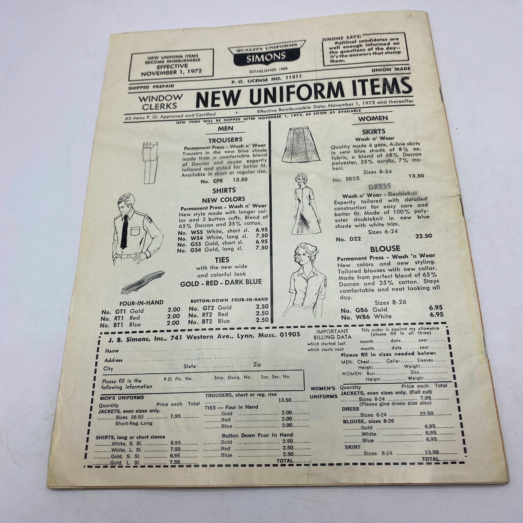 Advertisement for new uniform items from the November 1972 issue of VTG The American Postal Worker Magazine, detailing clothing available for postal workers, including trousers, shirts, and skirts.