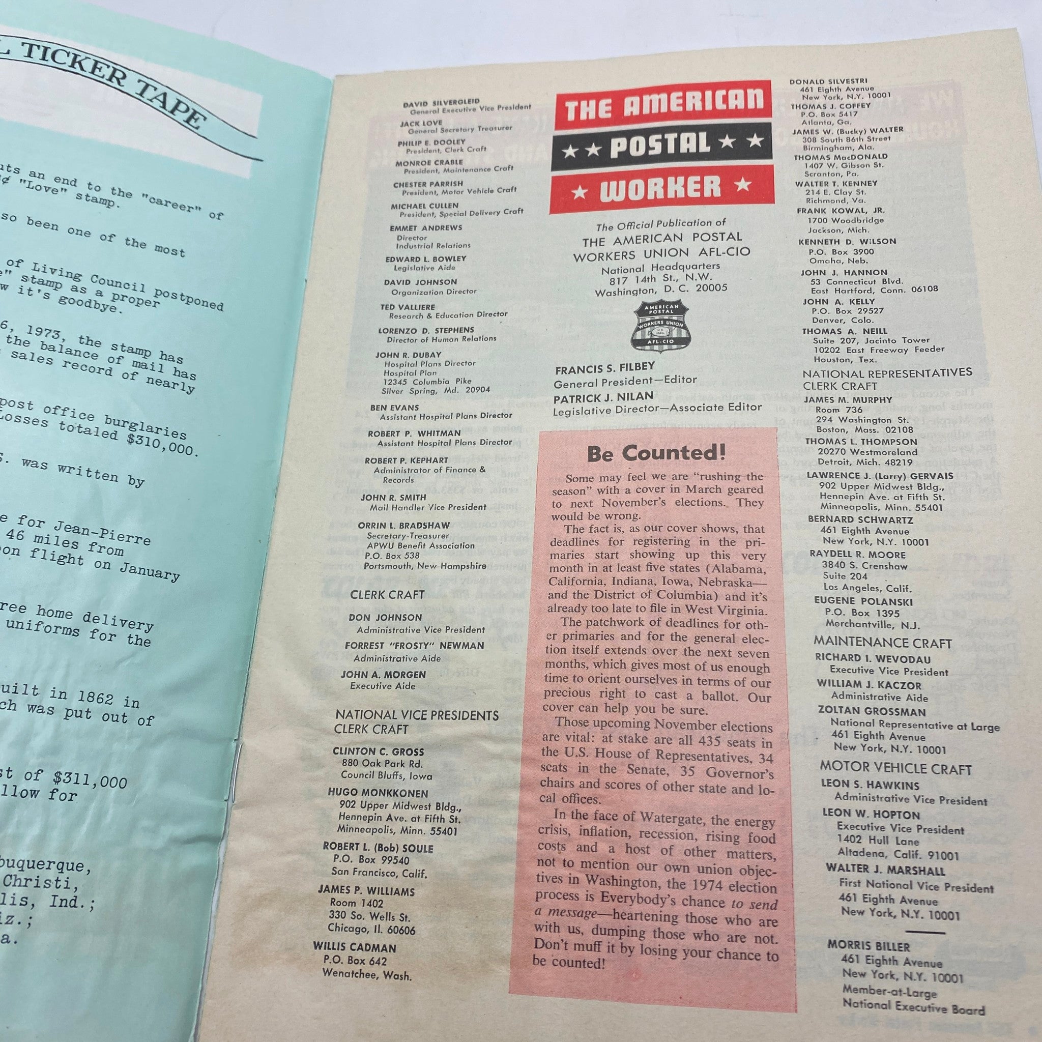 Interior page of VTG The American Postal Worker Magazine March 1974 highlighting editorial listings and content related to the postal workers union and voting information.