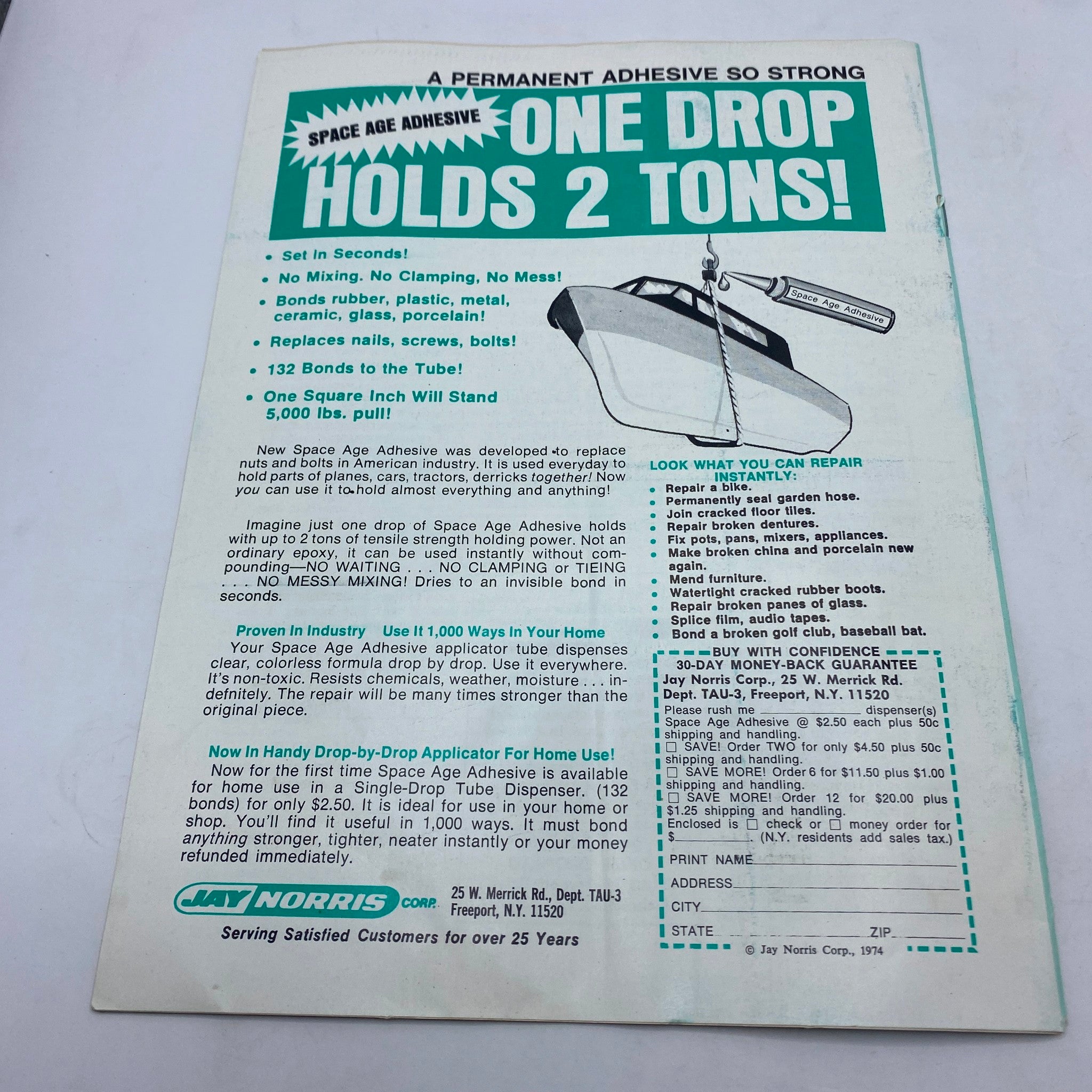 Advertisement page from VTG The American Postal Worker Magazine March 1974 promoting Space Age Adhesive, detailing its strength and various uses in home repairs.