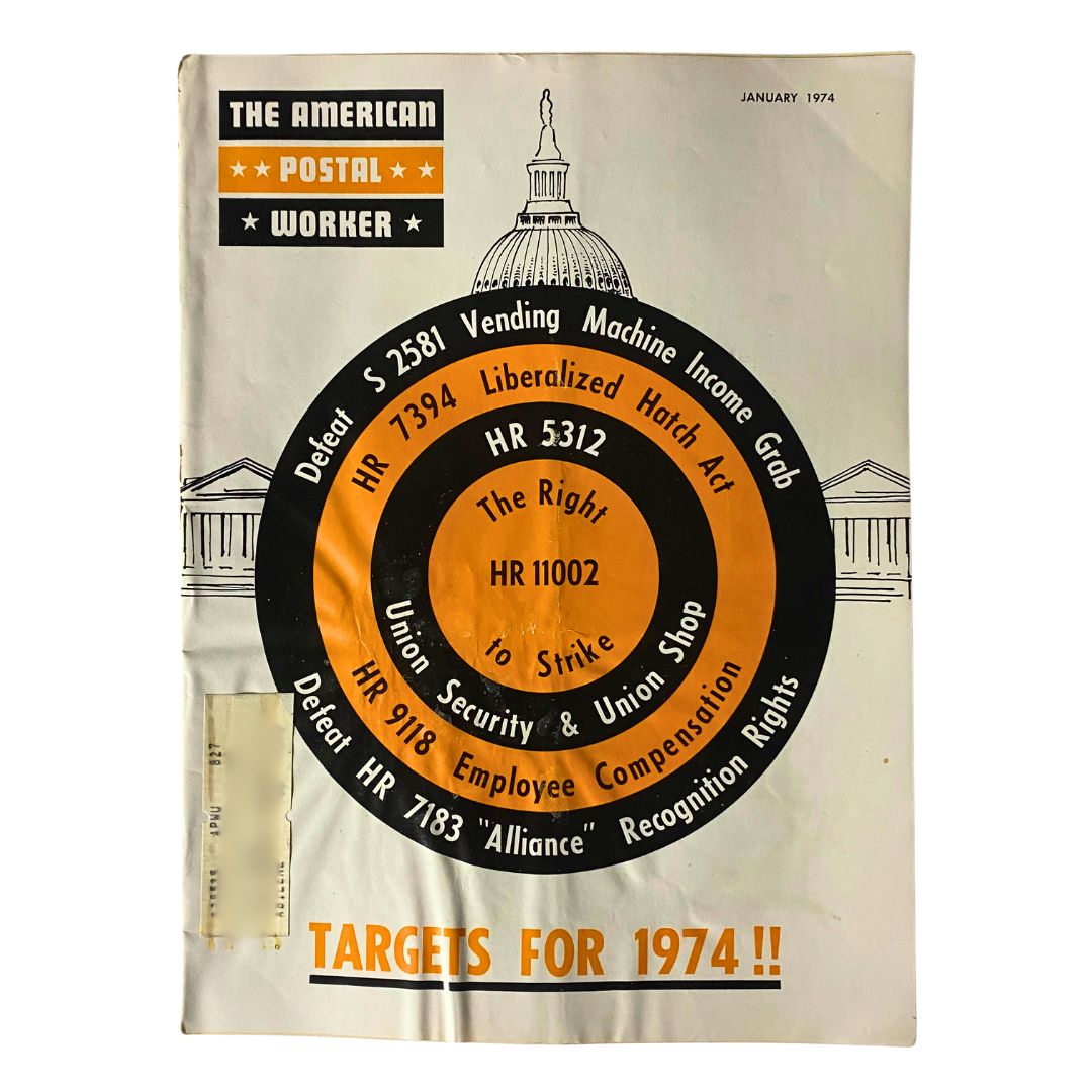 VTG The American Postal Worker Magazine January 1974 cover featuring targets for postal workers, including HR bills and union rights.