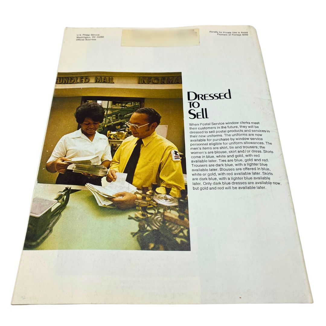 VTG Postal Life Magazine November - December 1972 featuring an image of postal workers in uniform at a service counter, showcasing the theme 'Dressed to Sell' with insights into postal service attire.