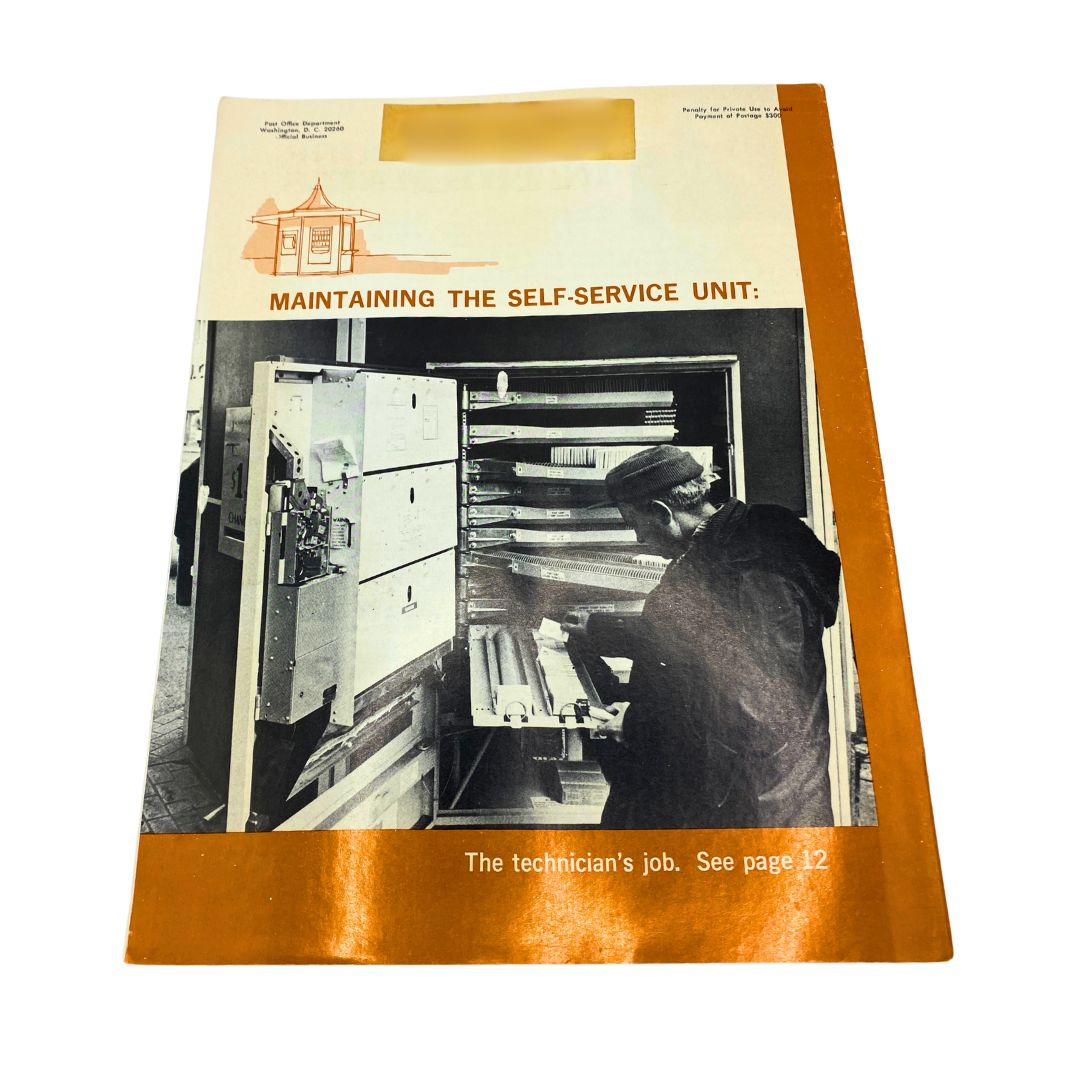 Back cover of VTG Postal Life Magazine March - April 1970 highlighting the maintenance of a self-service unit with a technician at work.