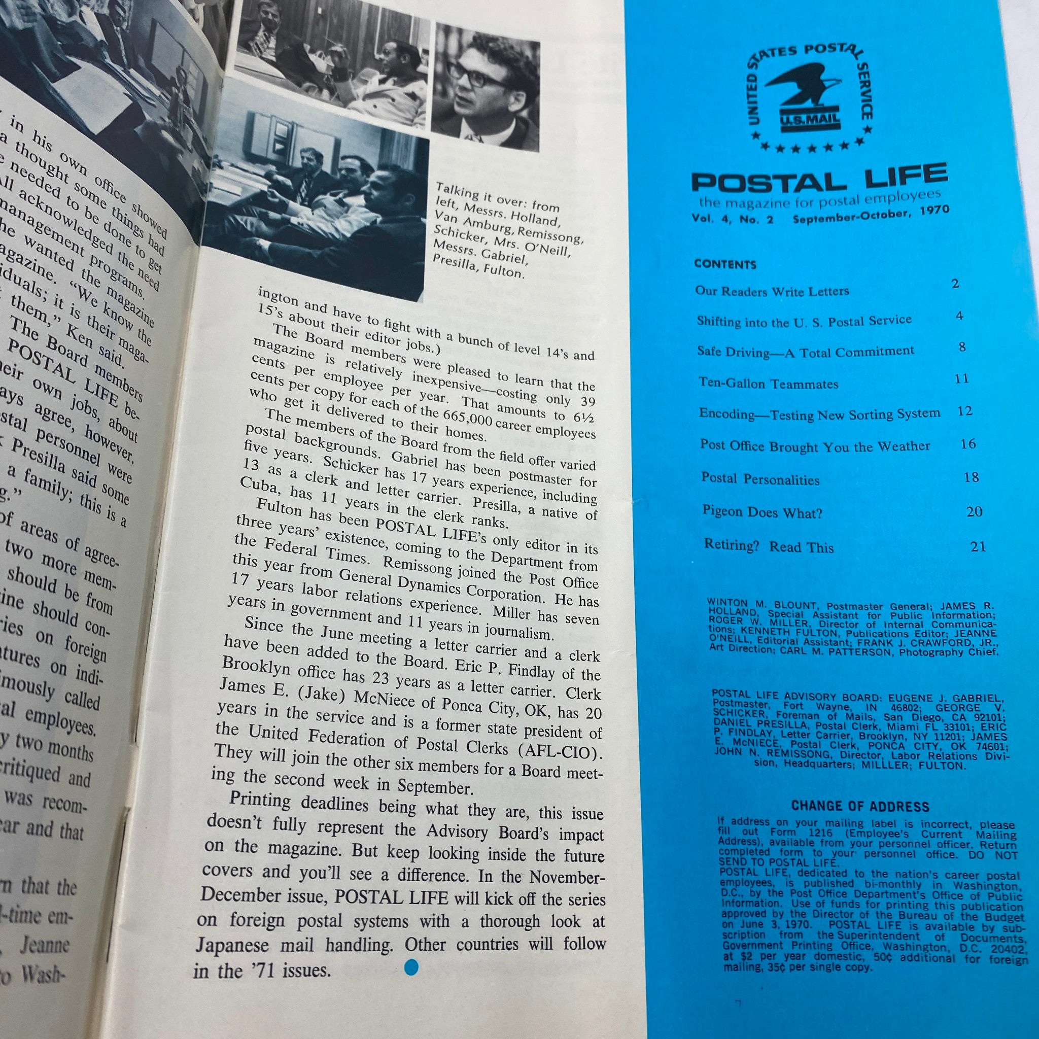 Inside view of the VTG Postal Life Magazine September - October 1970, showcasing articles and contents related to postal employees and historical context.