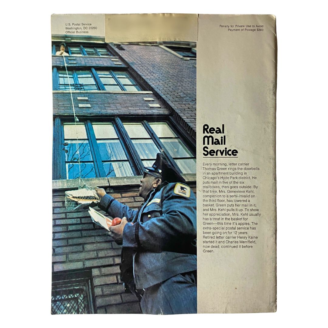 VTG Postal Life Magazine March 1972 back cover illustrating a letter carrier delivering mail, emphasizing real mail service, and reflecting historical postal practices.