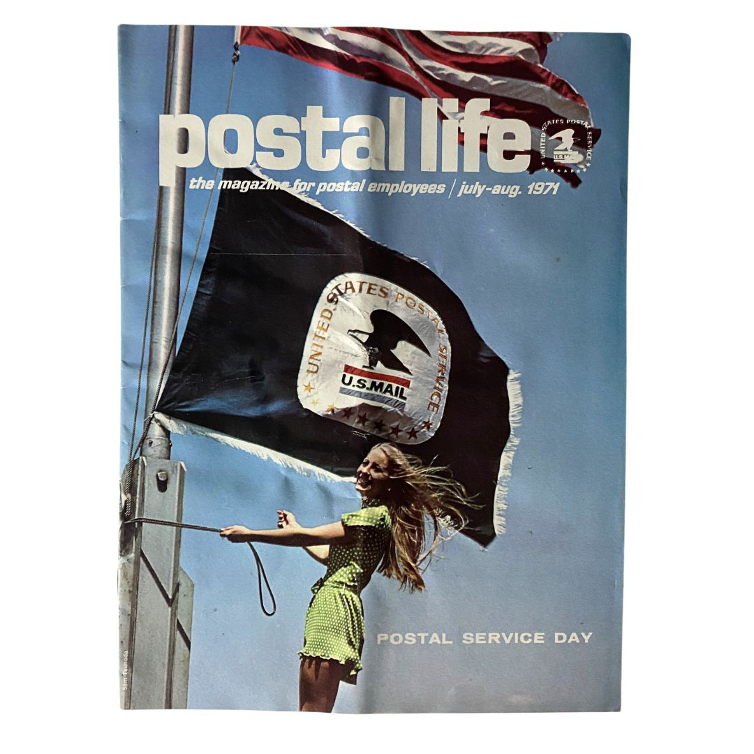 Cover of VTG Postal Life Magazine July - August 1971 featuring Postal Service Day, showcasing a young girl waving a flag with the U.S. Postal Service emblem.