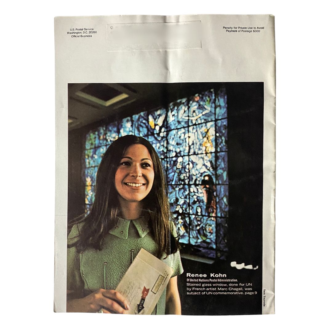 Inside page of VTG Postal Life Magazine July - August 1971, depicting an image of Renee Kohn from the United Nations Postal Administration holding a letter, with stained glass windows in the background.