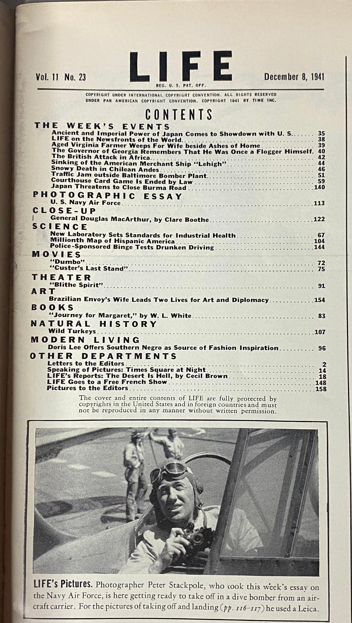 Table of contents page from LIFE Magazine December 8, 1941 Vol 11 No. 23 listing featured articles and topics.