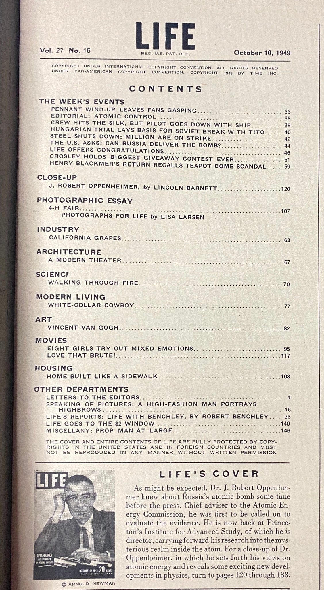 Life Magazine October 10, 1949, featuring the table of contents including articles such as 'The Week’s Events' and a close-up profile of J. Robert Oppenheimer.