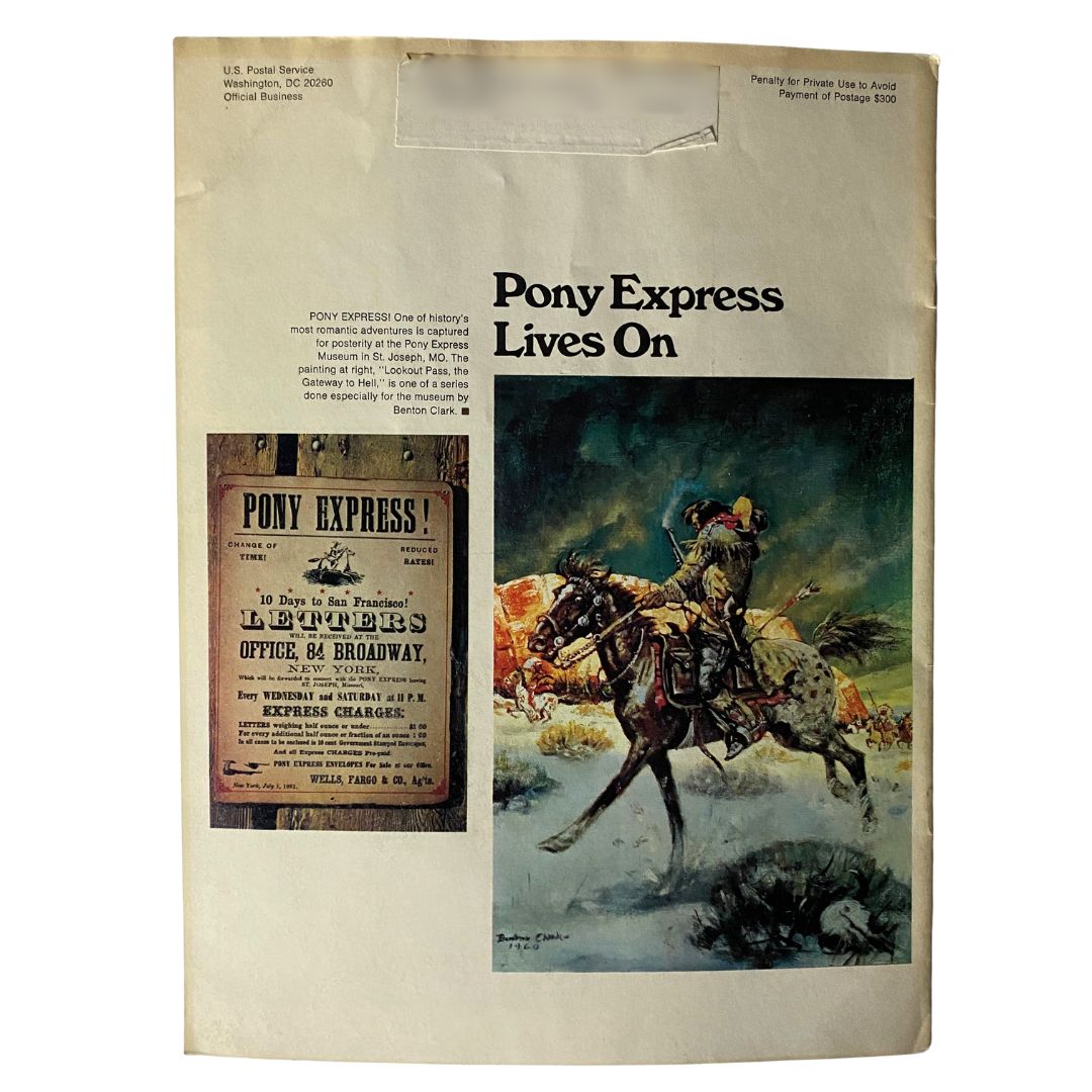 Cover page of the VTG Postal Life Magazine January - February 1972 featuring a depiction of the Pony Express along with historical advertisements, showcasing the rich history of postal services.
