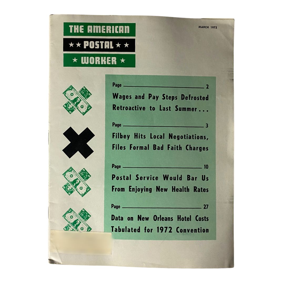 Cover of VTG The American Postal Worker Magazine March 1972 featuring articles on wages and pay steps defrosted, along with the magazine title and issue details.