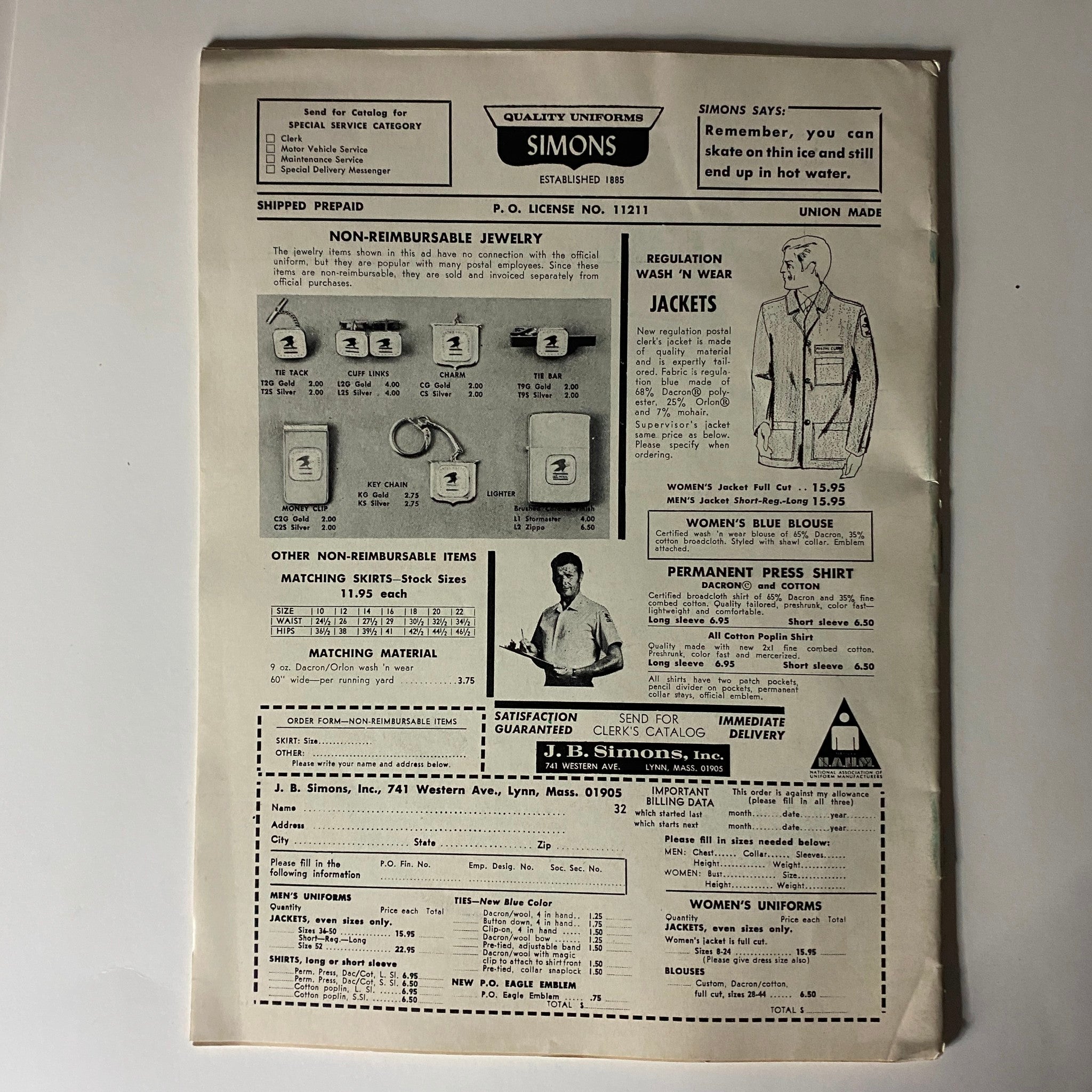 Back page of VTG The American Postal Worker Magazine March 1972 showing an advertisement for quality uniforms from Simons, including prices and product details.