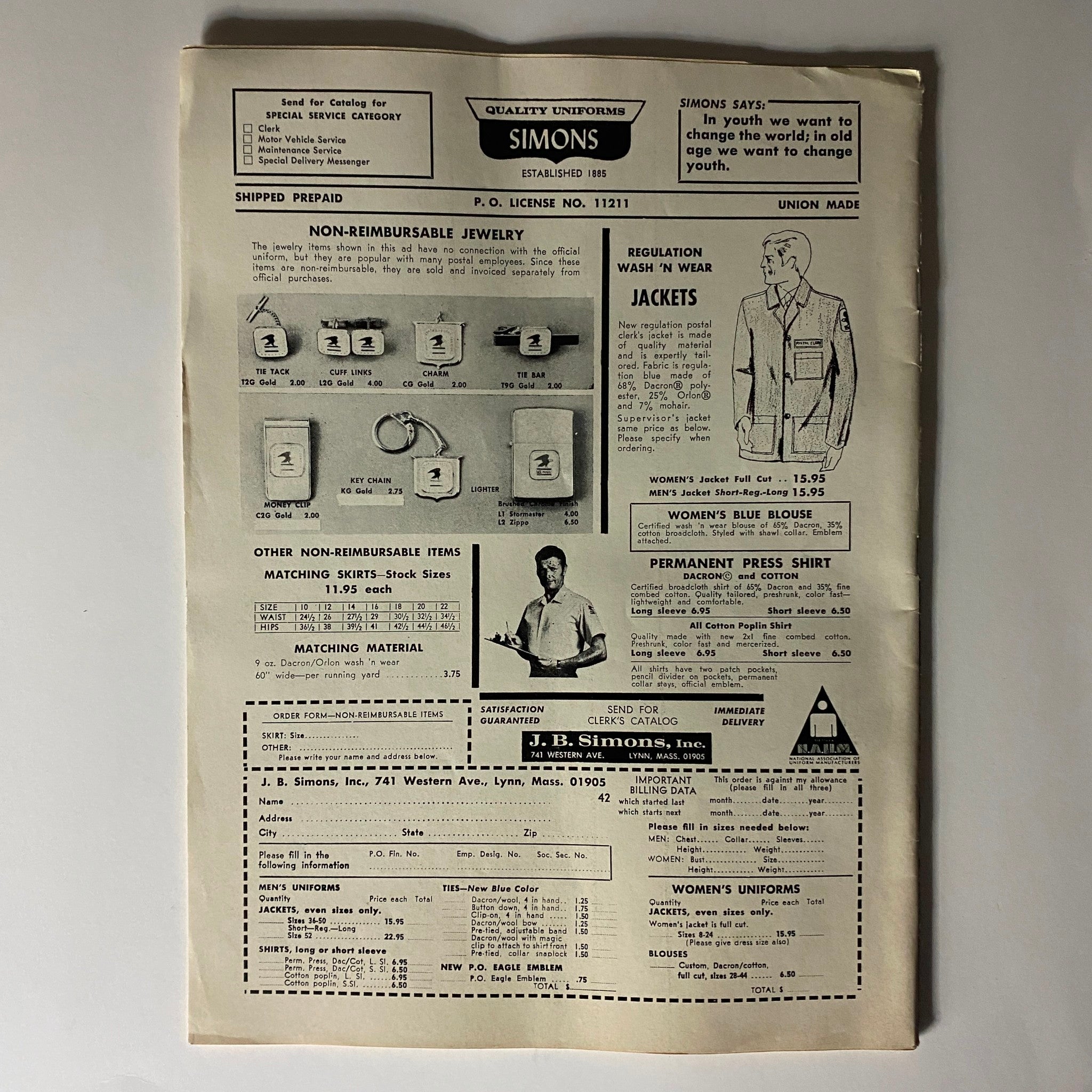 Back cover of Simons Uniforms catalog advertising non-reimbursable jewelry, jackets, and uniforms for postal and service workers. Features detailed pricing and item descriptions.