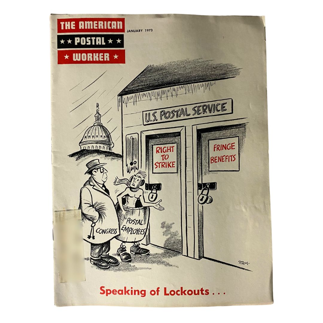 Cover of VTG The American Postal Worker Magazine January 1973 titled 'Speaking of Lockouts' featuring a cartoon illustration depicting postal workers and issues regarding their rights to strike.