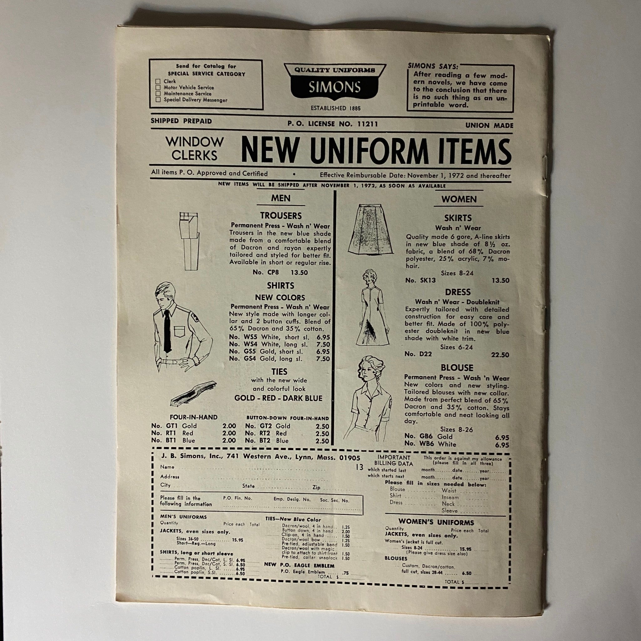 Inside page of a uniform catalog from Simons, showcasing new uniform items for postal clerks with details on men's and women's clothing options effective November 1, 1972.