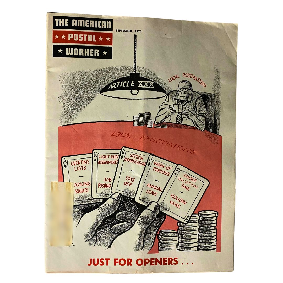 Cover of VTG The American Postal Worker Magazine September 1973 featuring an illustration of a postmaster involved in local negotiations under a lamp with cards labeled 'Overtime Lists', 'Job Posting', and others listed, emphasizing labor rights.
