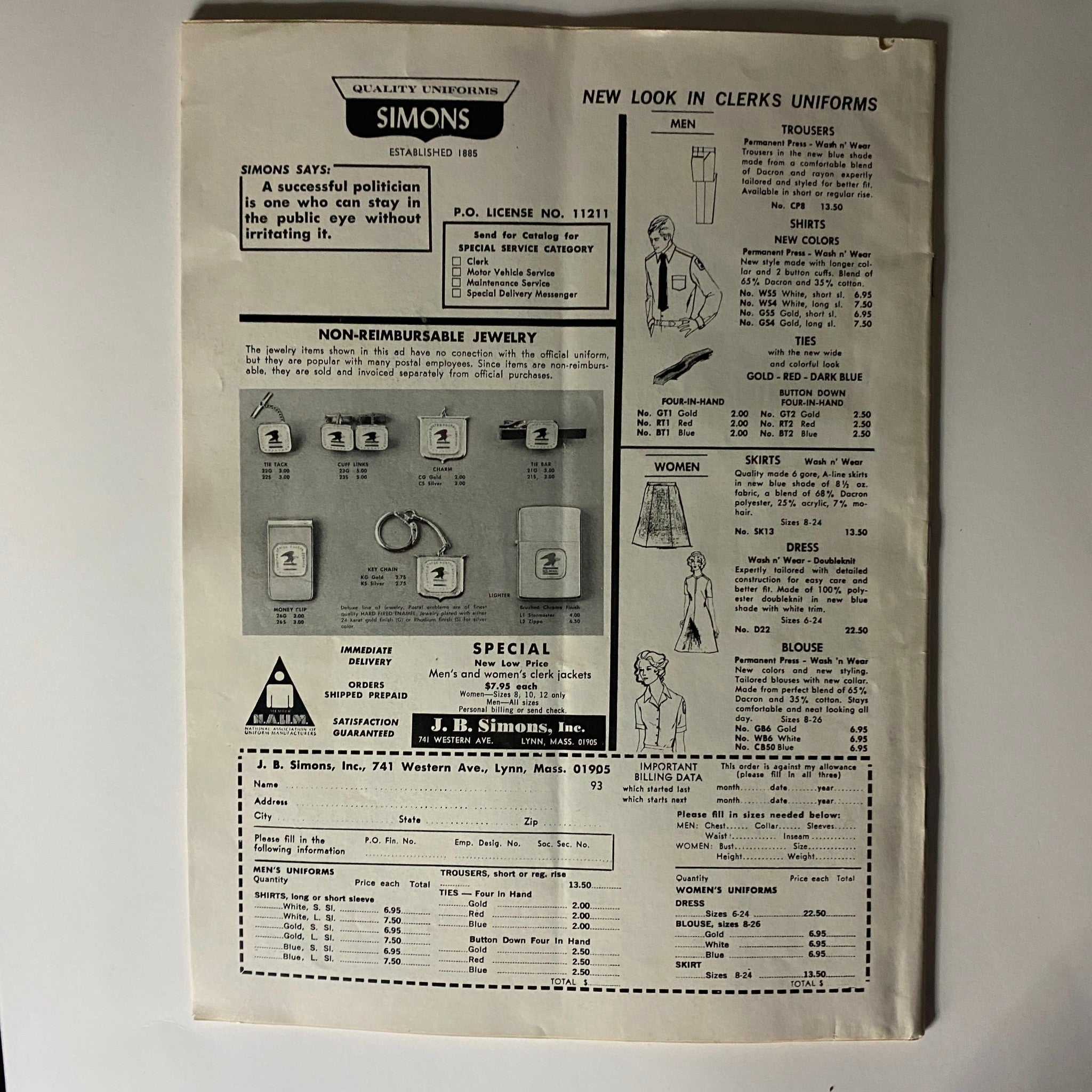 Advertisement page from VTG The American Postal Worker Magazine September 1973 showcasing uniform options from J.B. Simons, Inc., outlining various clothing items for postal workers.