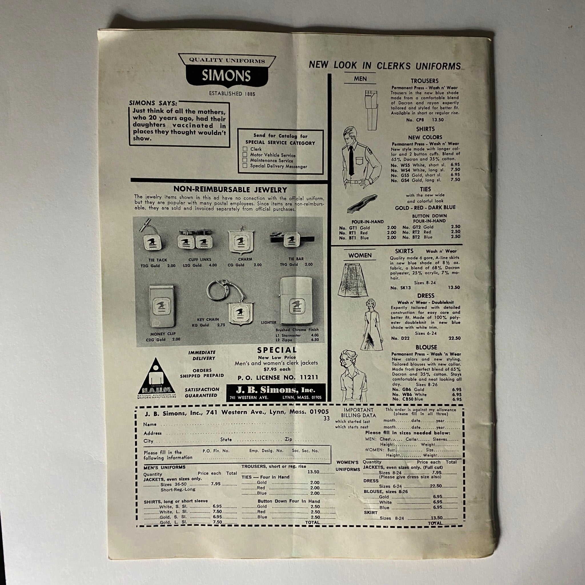 Advertisement page from VTG The American Postal Worker Magazine March 1973 displaying uniform options, jewelry, and special offers from J.B. Simons for postal employees.