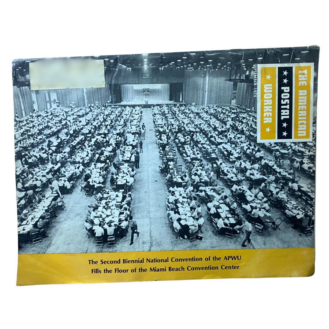 VTG The American Postal Worker Magazine September 1974 Biennial Nat'l Convention cover featuring an aerial view of the crowded Miami Beach Convention Center filled with attendees.