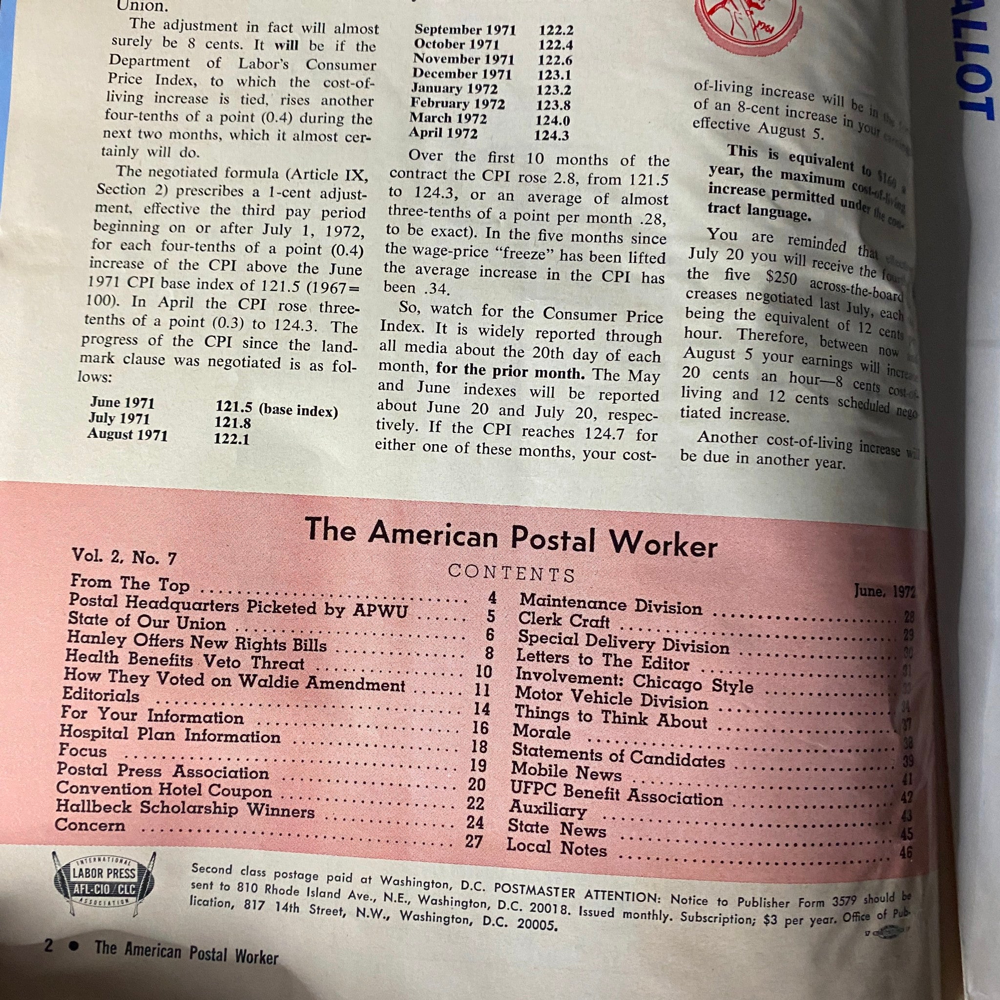 Interior page of the VTG The American Postal Worker Magazine June 1972 displaying contents, articles, and insights related to the postal worker community.