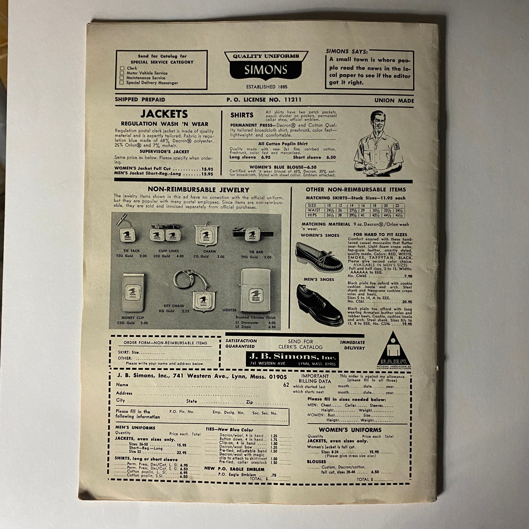 Advertisment page from the VTG The American Postal Worker Magazine June 1972 showing uniform catalog and non-reimbursable jewelry items for postal workers.