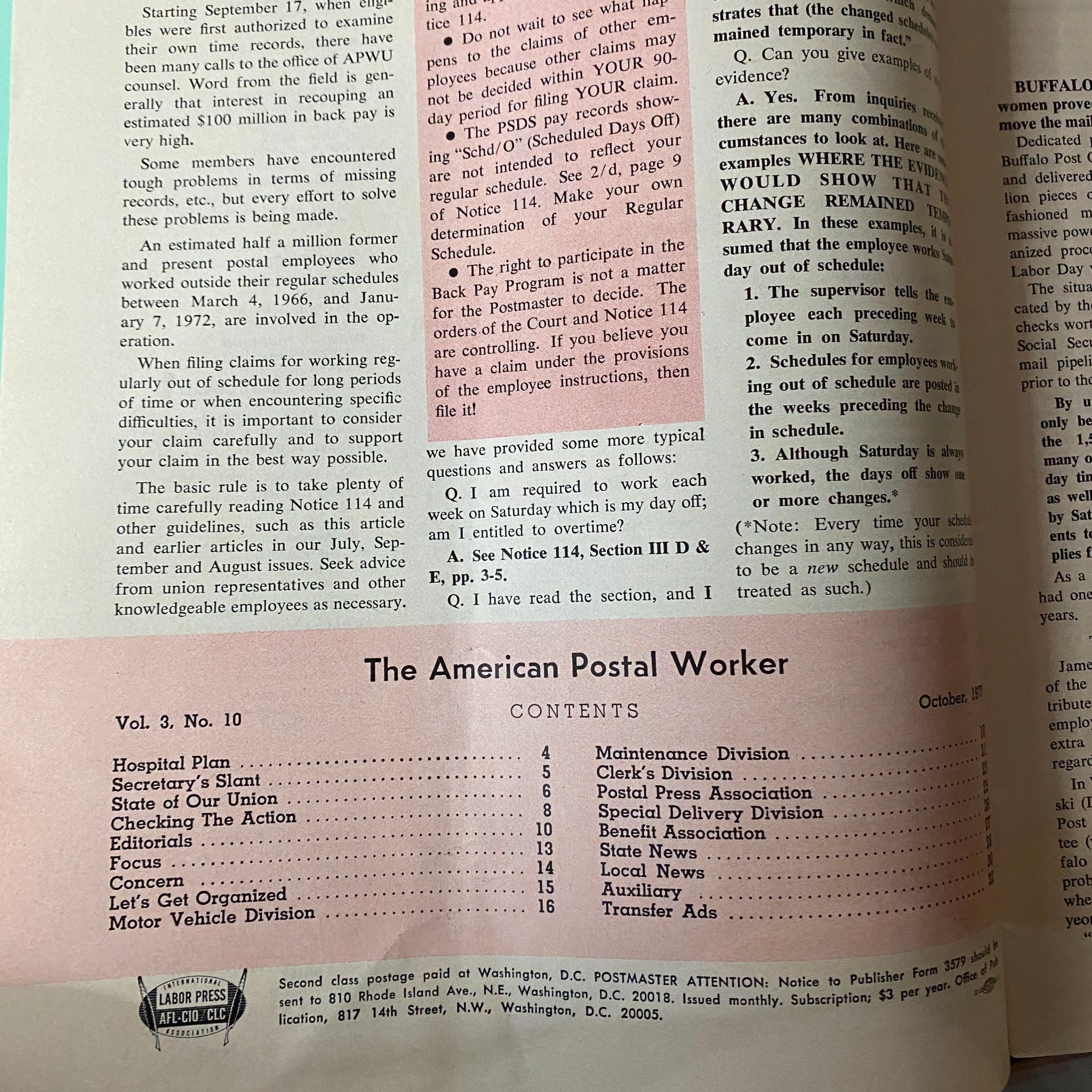 The contents page of The American Postal Worker Magazine October 1973, detailing sections like Hospital Plan, Secretary's Slant, and checking actions.
