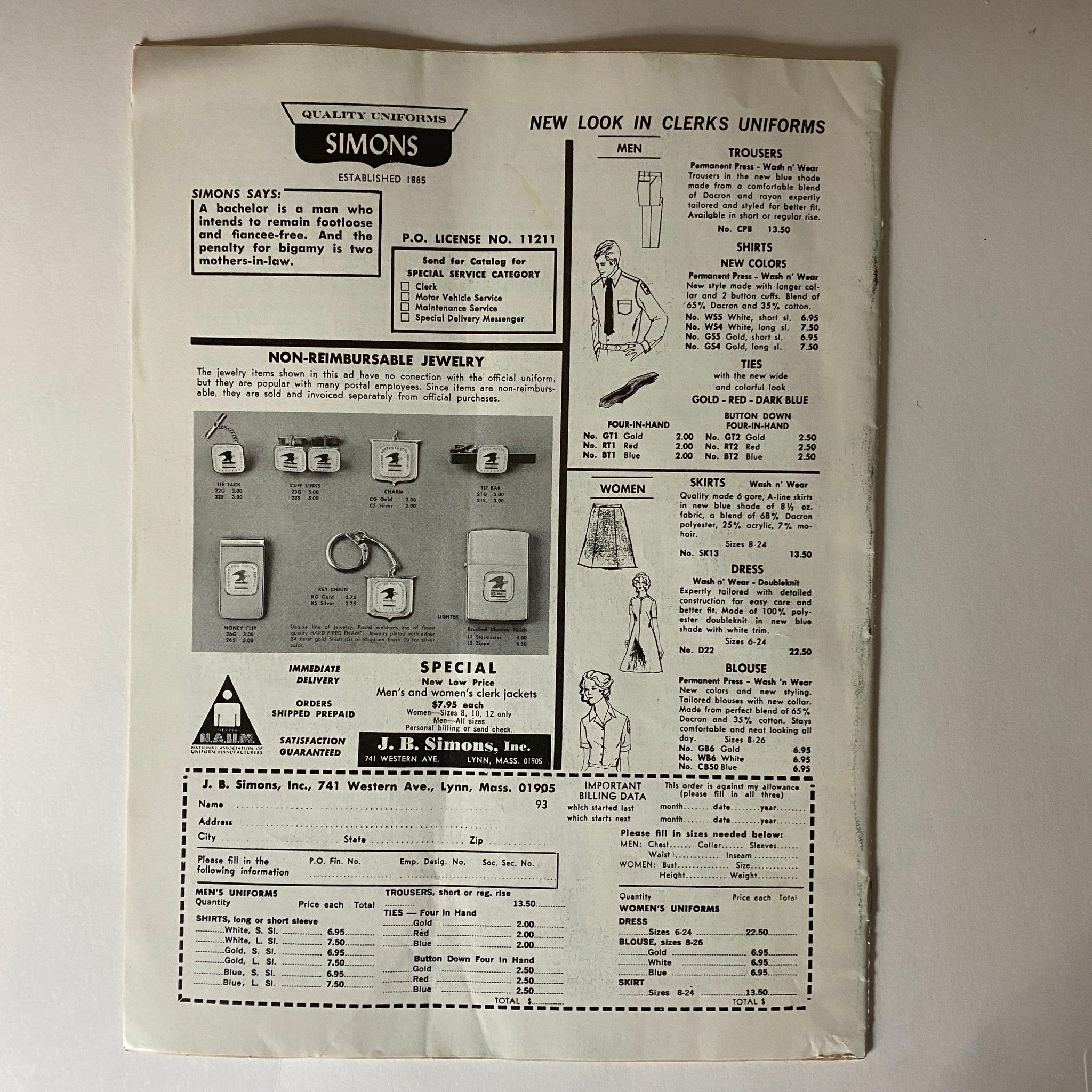 An advertisement page from The American Postal Worker Magazine October 1973 showcasing quality uniforms available for postal workers, detailing sizes and prices.
