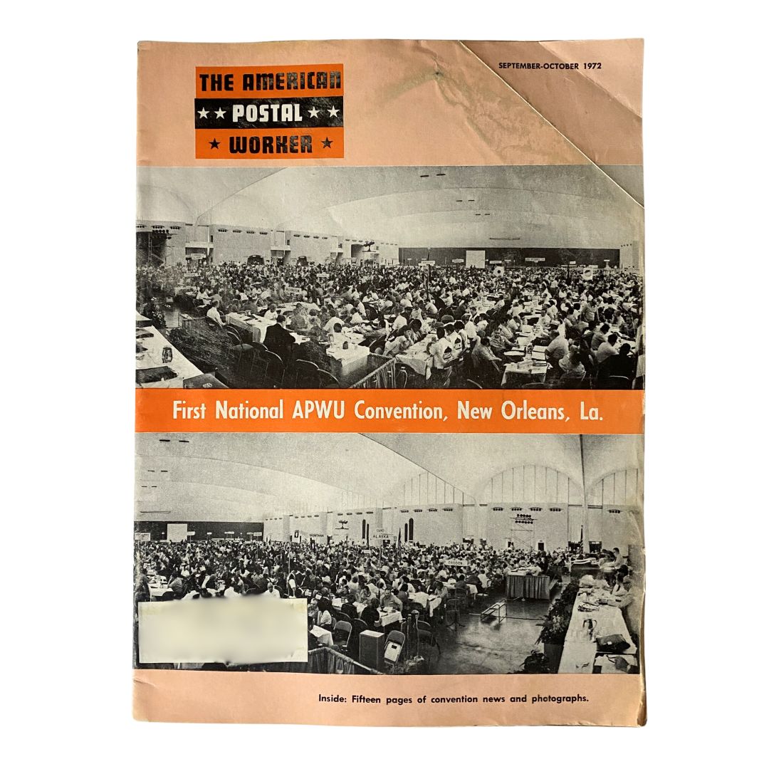 Cover of The American Postal Worker Magazine, September 1972, featuring the headline 'First National APWU Convention, New Orleans, La.' The image showcases a large gathering of delegates attending the historic convention in an indoor venue.