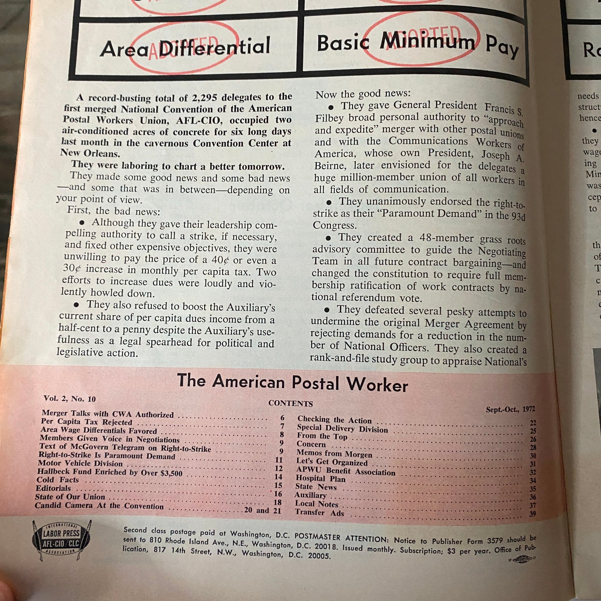 Interior page of The American Postal Worker Magazine, September 1972, detailing key topics discussed at the First National APWU Convention, including leadership authority, strike actions, and grassroots organizing efforts.