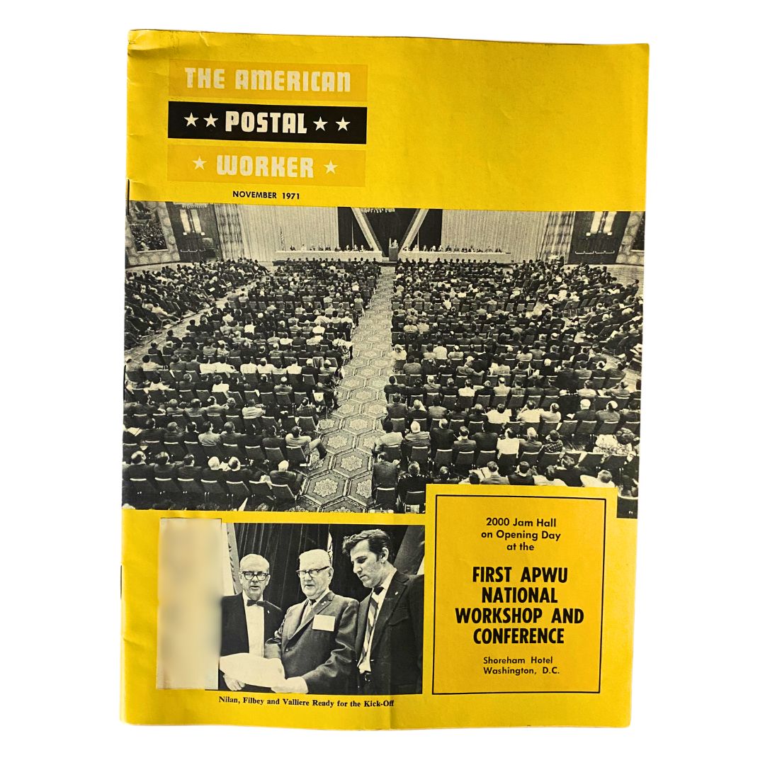 The American Postal Worker Magazine November 1971 featuring the first APWU National Workshop, showcasing a large audience in a conference hall. The cover highlights the event with prominent titles and a scene of attendees.