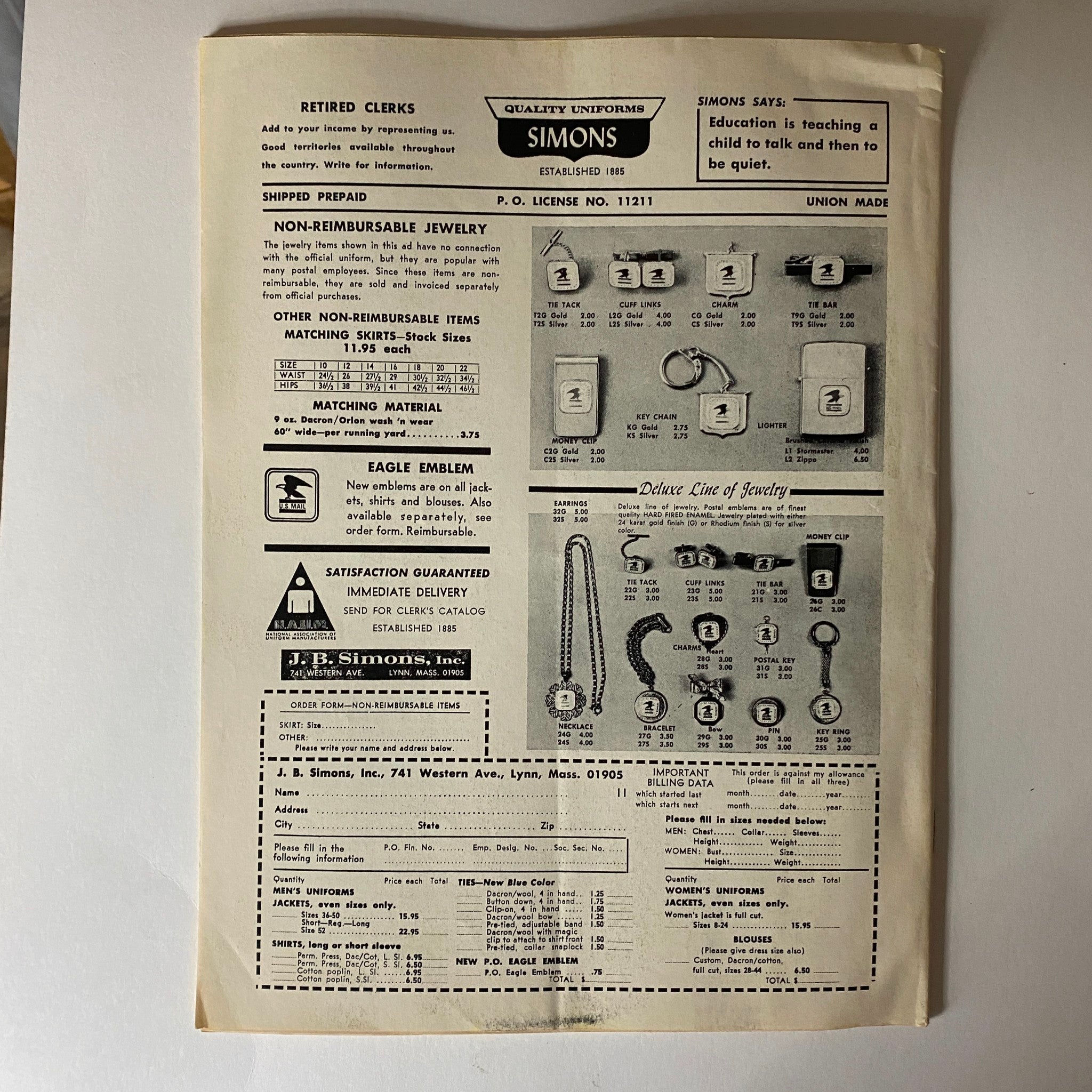 Advertisement for quality uniforms featuring jewelry and accessories for postal workers from The American Postal Worker Magazine November 1971, First APWU Nat'l Workshop. Includes product prices and details.