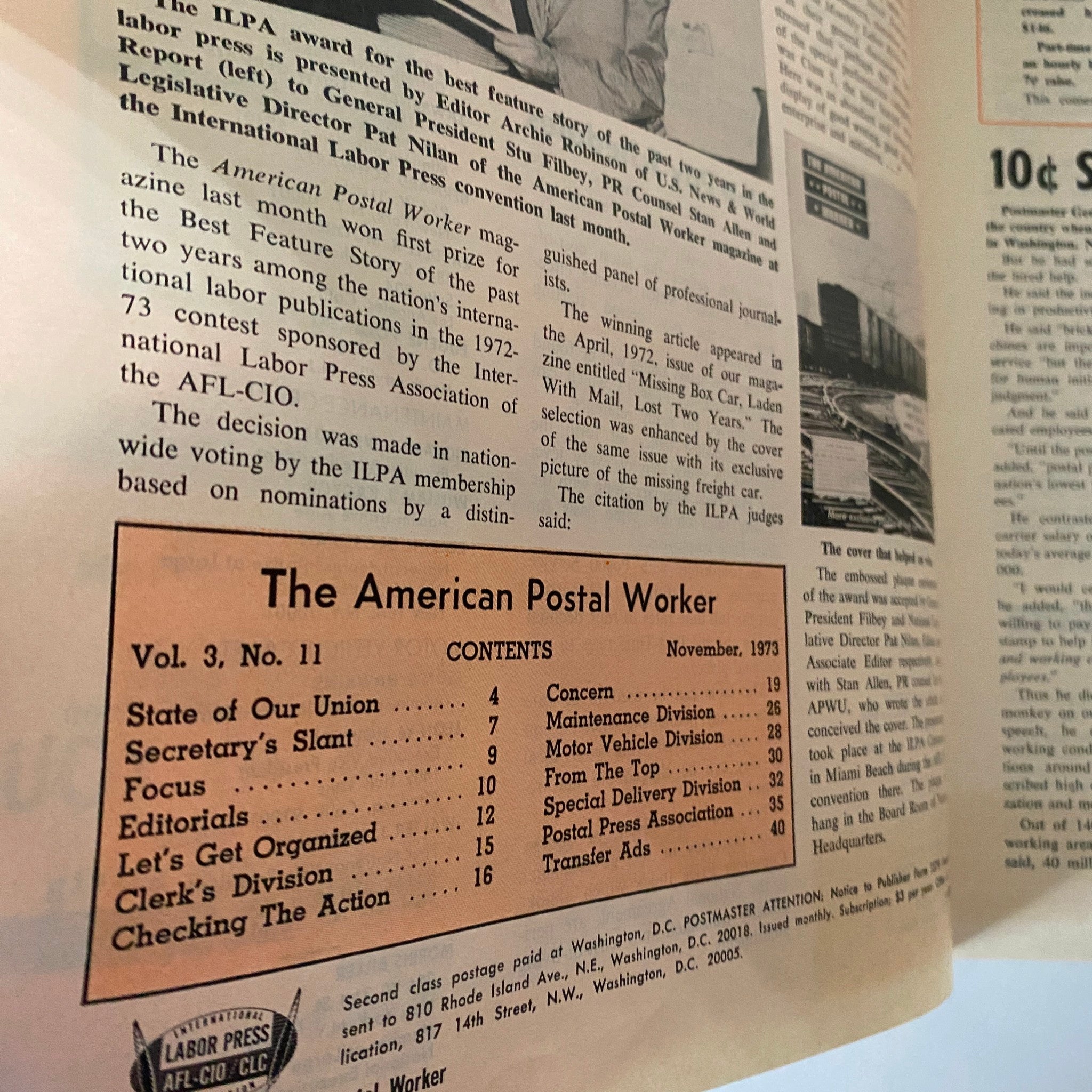 Interior page from The American Postal Worker Magazine November 1973 showing table of contents and notes on award-winning features linked to the magazine.