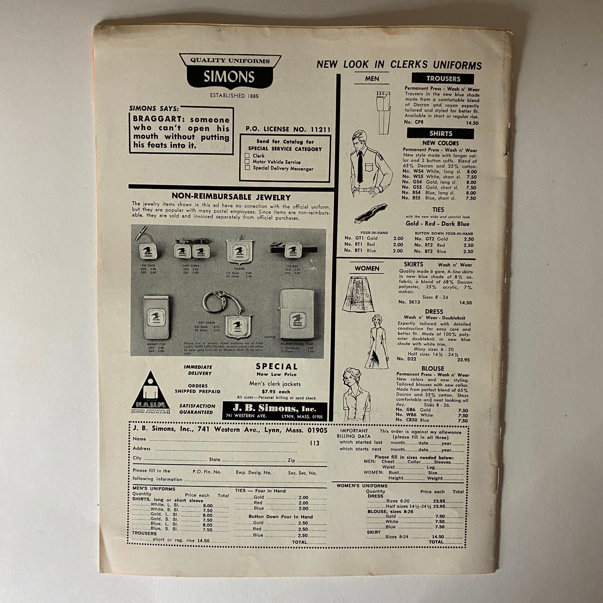 Back page of The American Postal Worker Magazine November 1973 displaying uniform catalog for postal workers, detailing various clothing options for men and women.